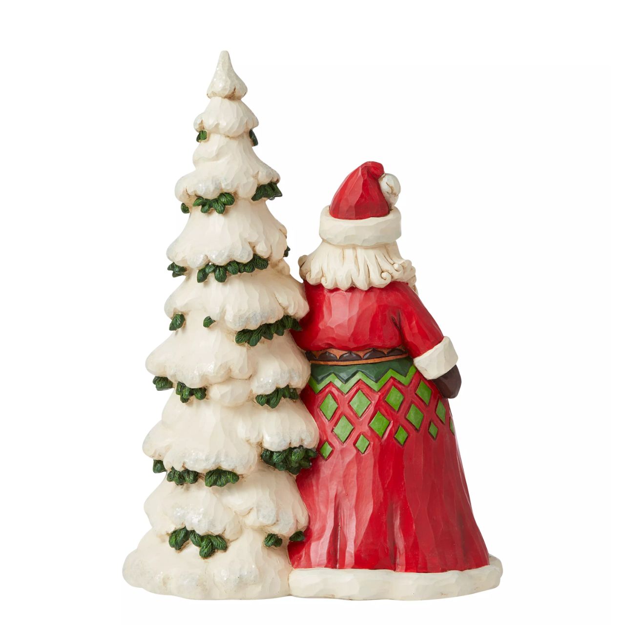 Heartwood Creek Santa by Tree with Toy Sack Figurine  Designed by award winning artist Jim Shore as part of the Heartwood Creek Christmas Collection, hand crafted using high quality cast stone and hand painted, this Santa by tree is perfect for the Christmas season.