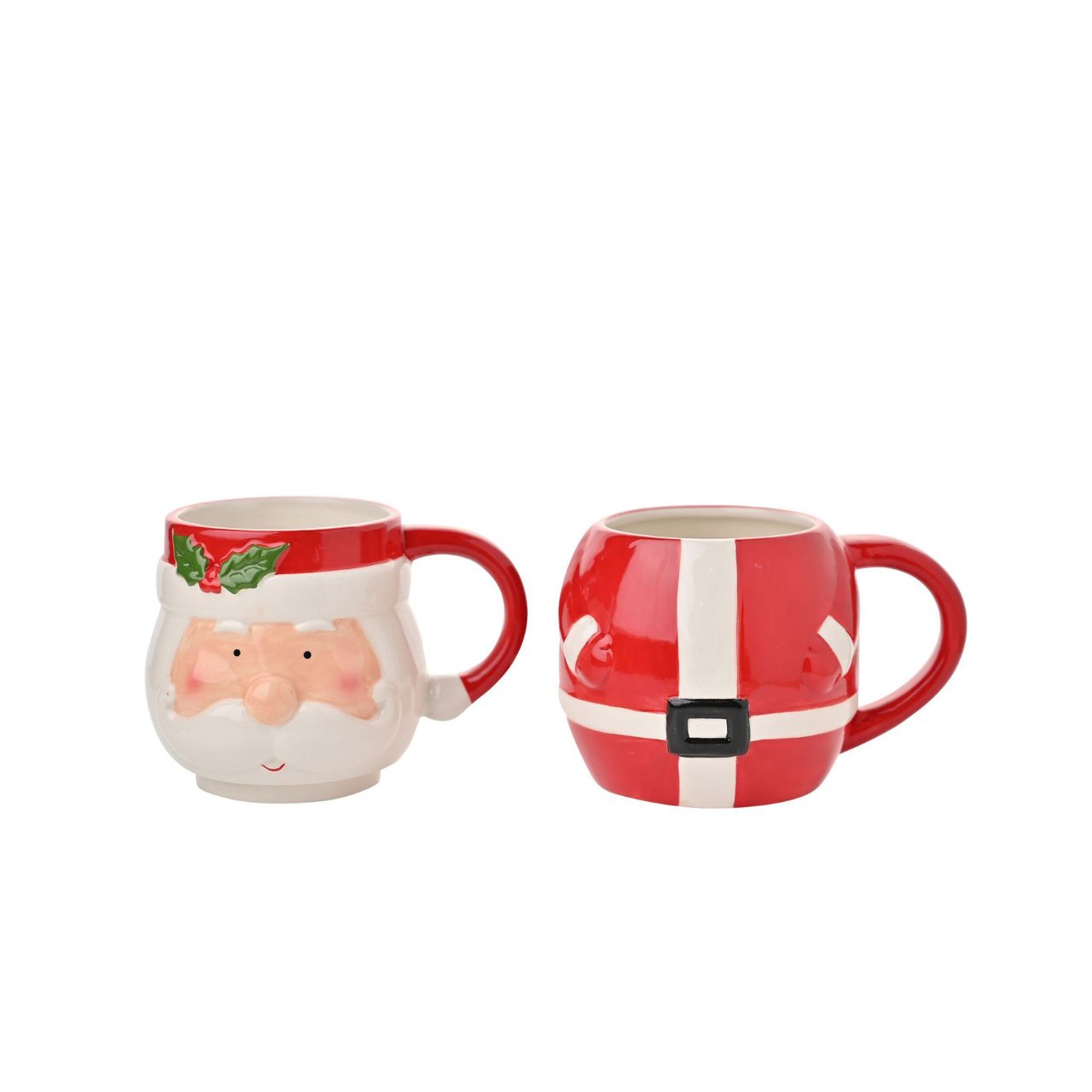 The top mug showcases Santa's jolly face, complete with a fluffy white beard, a smile, and a vibrant red bobble hat that cleverly doubles as the mug's handle.