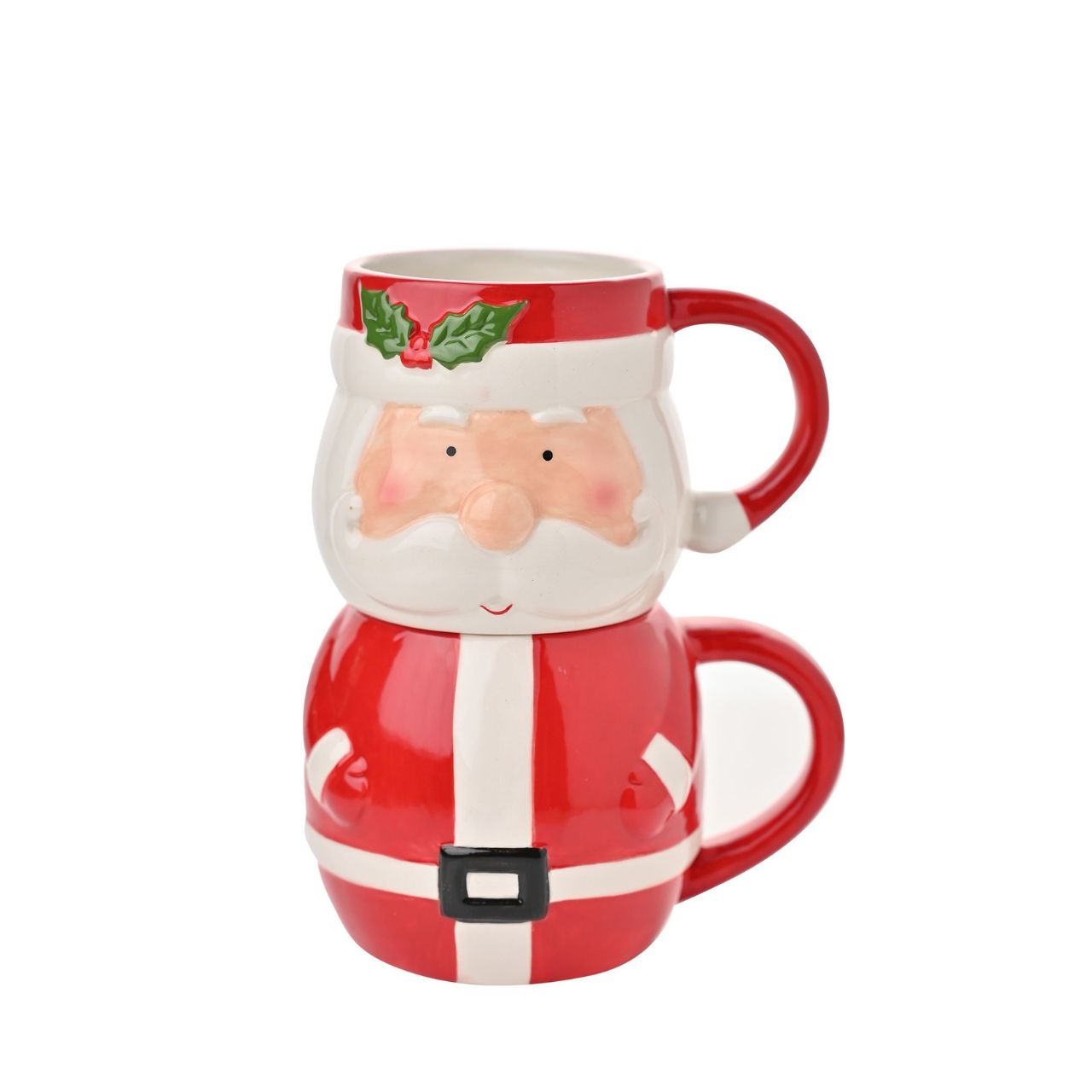 The top mug showcases Santa's jolly face, complete with a fluffy white beard, a smile, and a vibrant red bobble hat that cleverly doubles as the mug's handle.