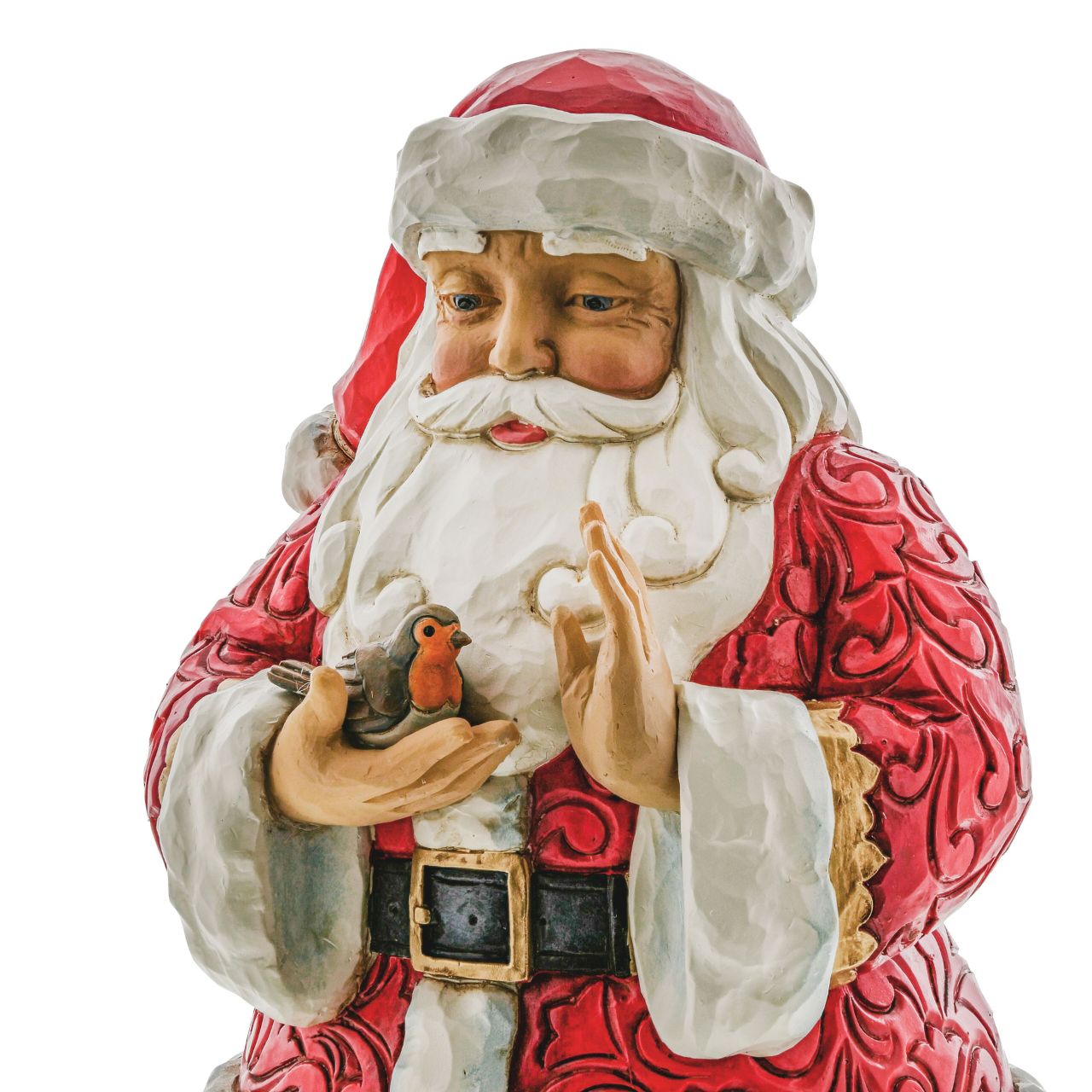 Santa with Robin in Hands Figurine by Jim Shore  Wearing holly brimmed boots and rosemaled suit, this Santa statuette delicately holds a Robin in his hands. Widely revered, Robins are thought to represent loved ones lost. Celebrate the Christmas in remembrance and love with Jim Shore. Exclusively available in UK and Europe.