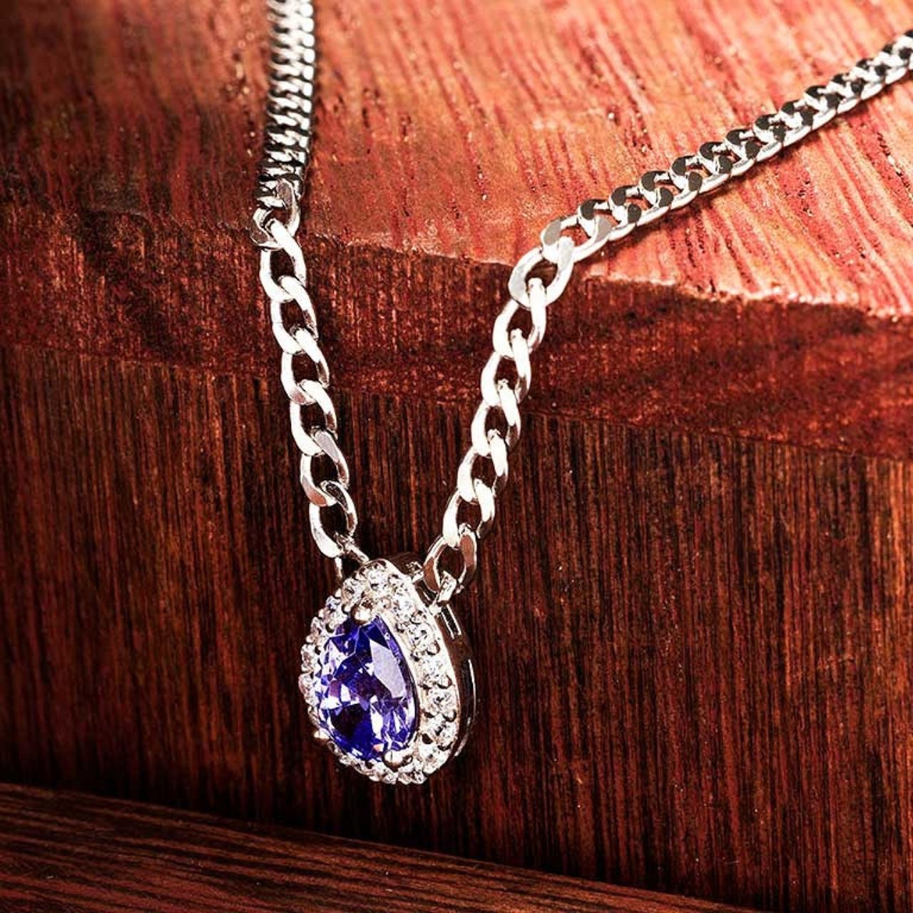 Sterling Silver Tanzanite CZ Halo Necklace by ShanOre