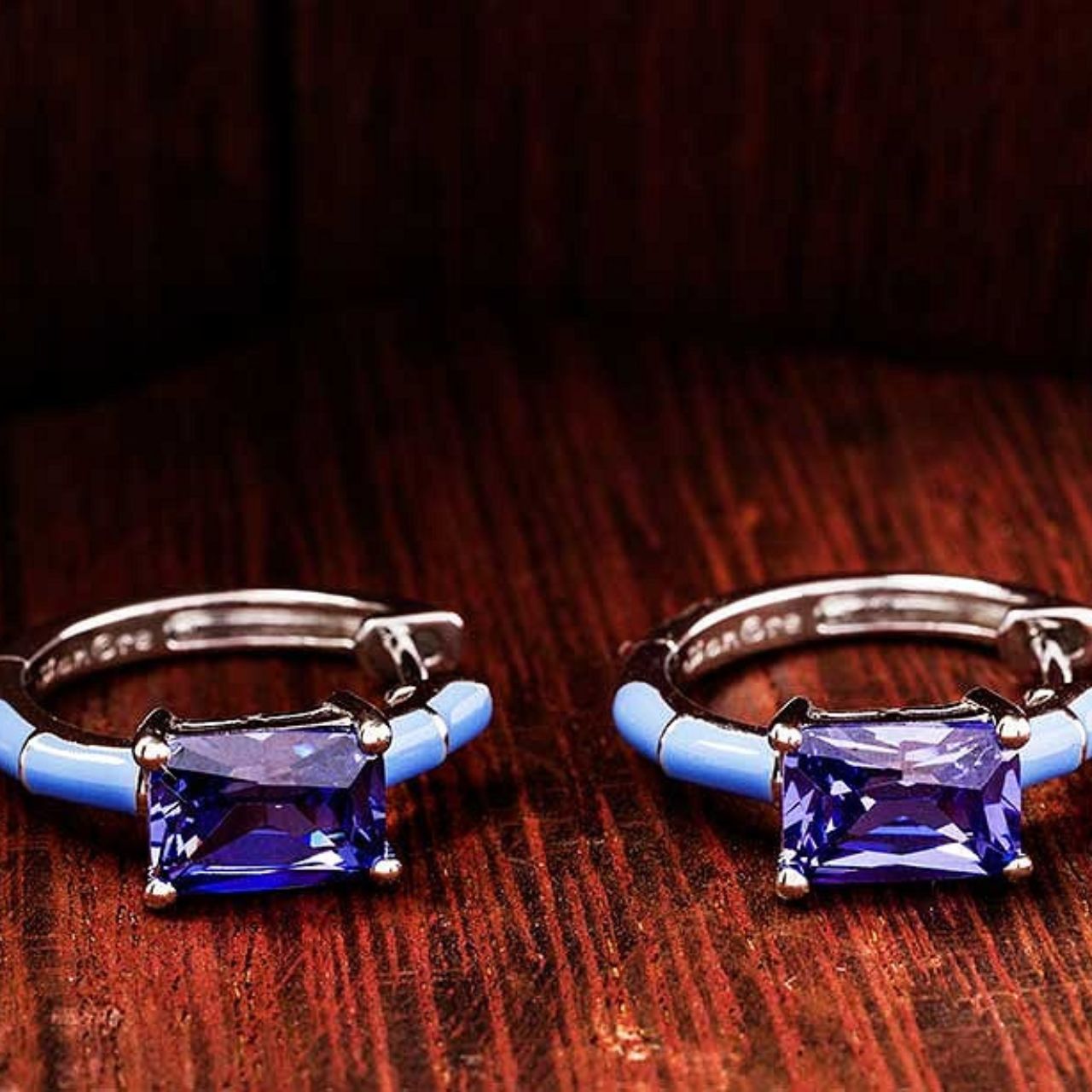 Silver Tanzanite CZ with Blue Enamel Hoop Earrings by ShanOre