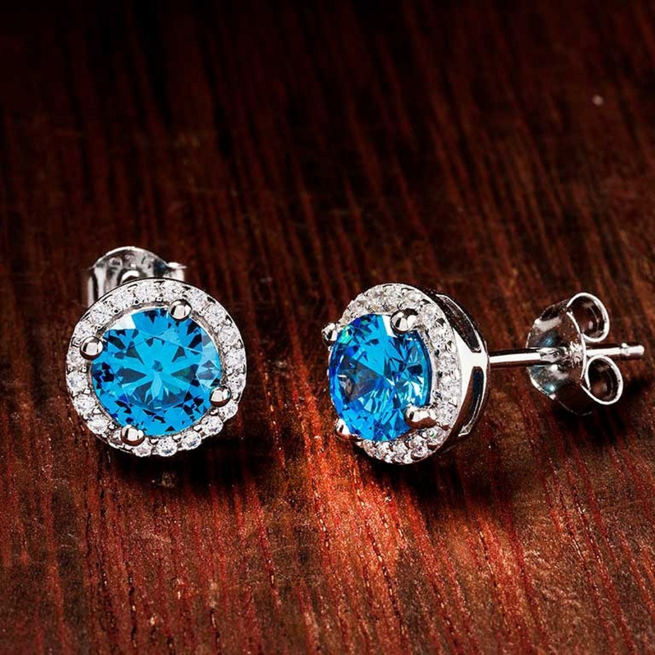 Sterling Silver Aquamarine CZ Halo Earrings by ShanOre