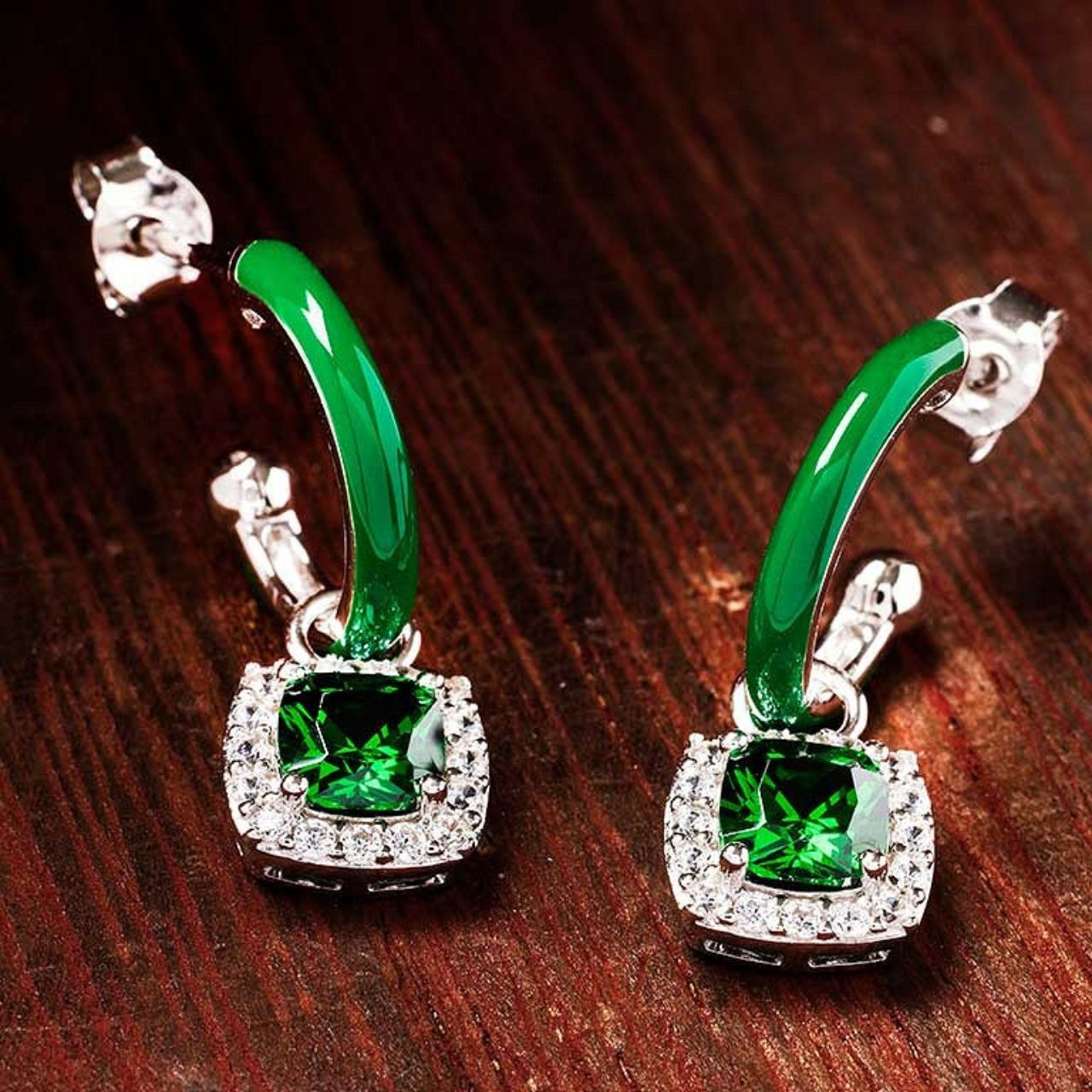 Sterling Silver Green CZ with Green Enamel Drop Earrings by ShanOre