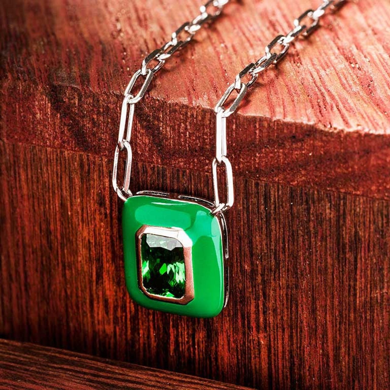 Sterling Silver Green CZ white Green Enamel Square Necklace by ShanOre