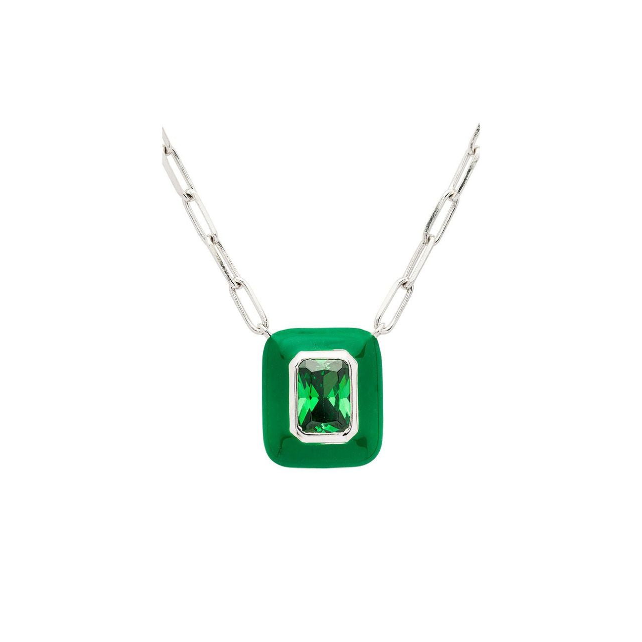 Sterling Silver Green CZ white Green Enamel Square Necklace by ShanOre