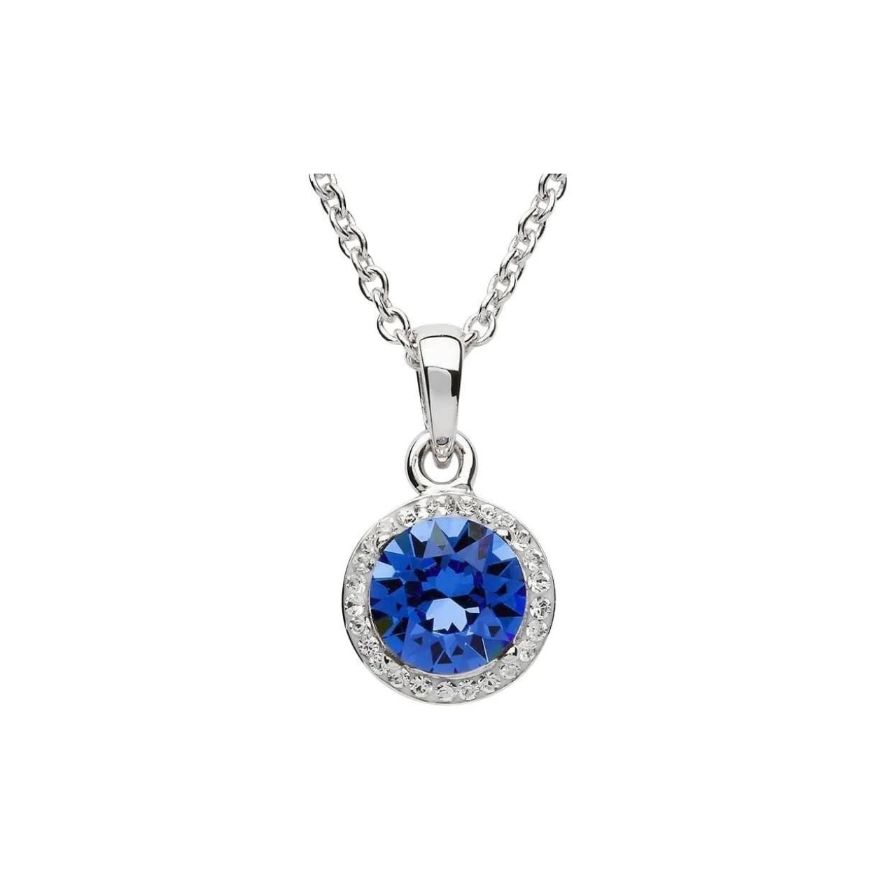 Round Silver Halo Pendant Adorned With Sapphire and White Crystals