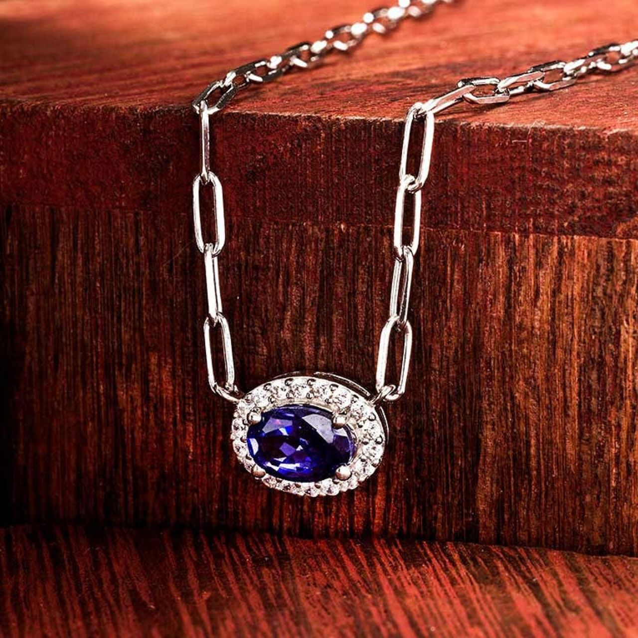 Silver Tanzanite CZ Halo Necklace by ShanOre