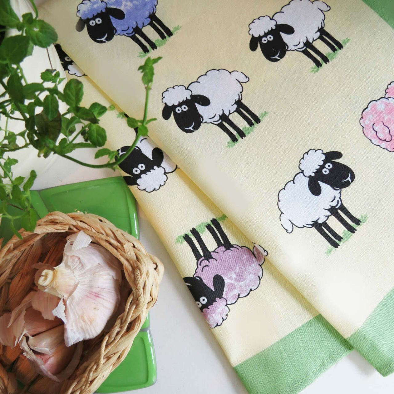 One of our many beautifully designed sheep inspired tea towels, with this special edition being 100% Linen Union in design Sheepish. This beautiful countryside kitchenware accessory includes a variety of hand painted sheep characters with hints of purple, red, blue and more! Complimented with a vibrant light green border and cream background. A great tea towel for any lover of the country!