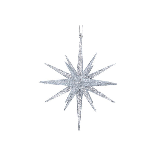 Gisela Graham Silver Glitter Bethlehem Star Christmas Hanging Ornament adds a festive sparkle to your holiday tree. This stylish ornament features a beautifully crafted star shape with a sparkly glitter finish that will add a magical touch to your decorations. Designed with long-lasting materials, it is sure to become a treasured addition each year.