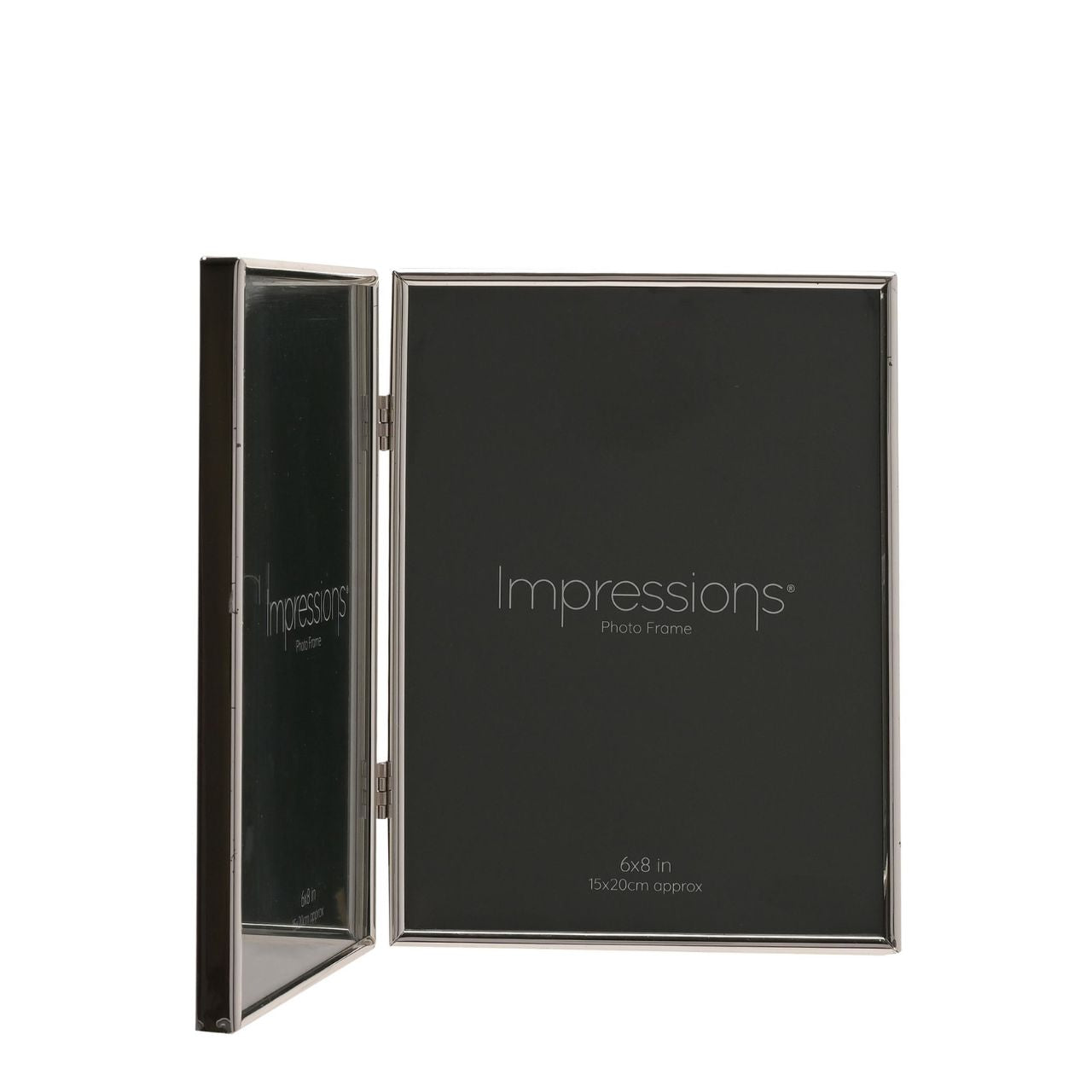 A beautifully simple silver plated hinged photo frame from IMPRESSIONS by Juliana. Featuring two 6" x 8" apertures and luxury black velveteen backing.