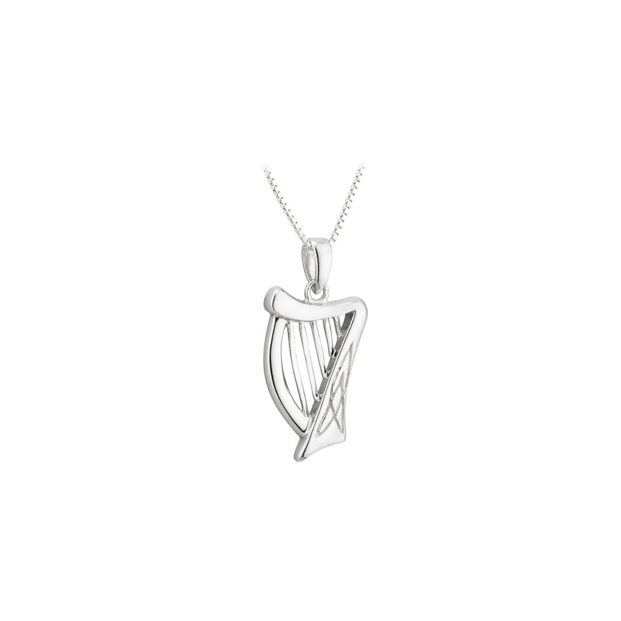 Irish harp necklace is a stunning sterling silver design that features an engraved Trinity with interlaced knot-work along with filigree strings.