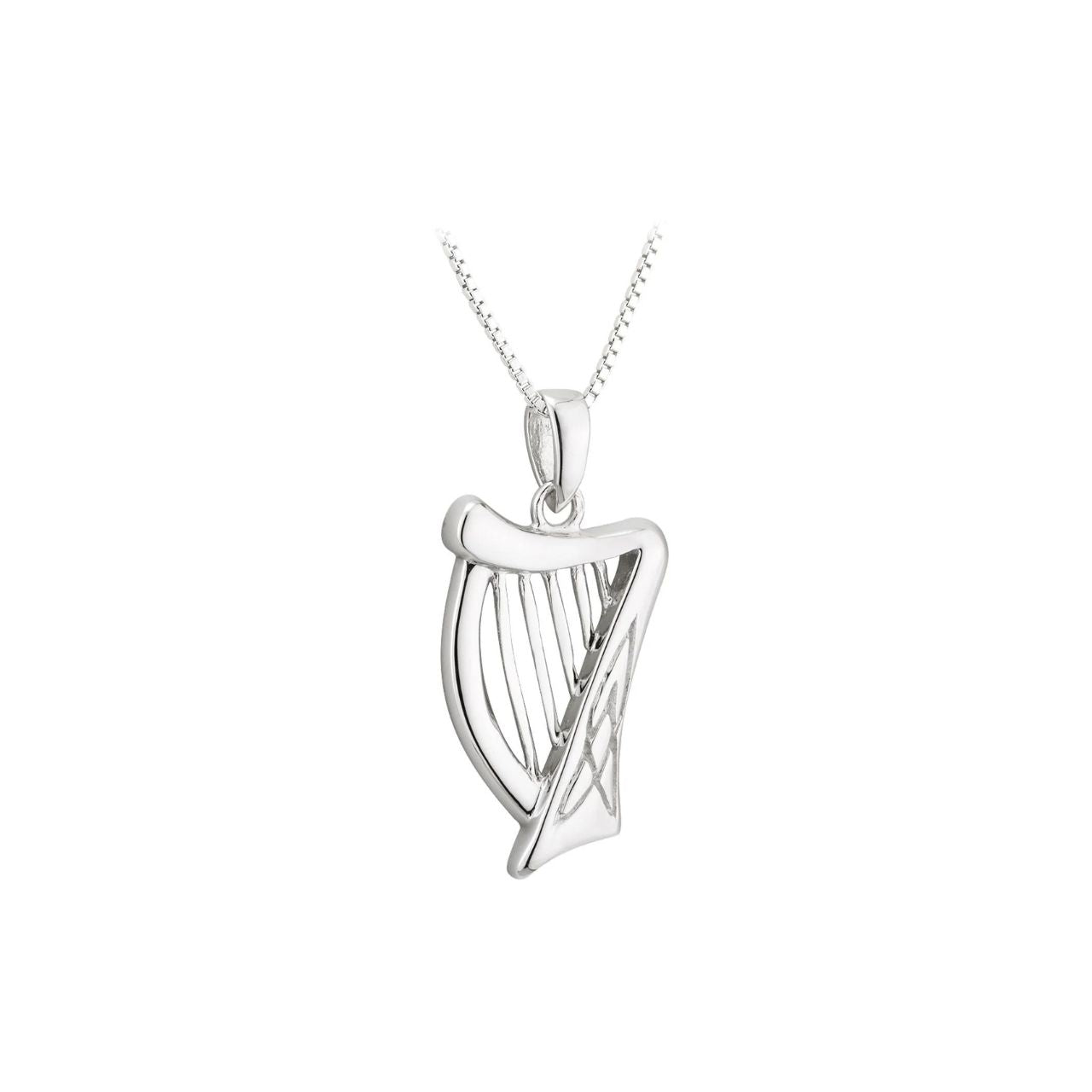 Irish harp necklace is a stunning sterling silver design that features an engraved Trinity with interlaced knot-work along with filigree strings.