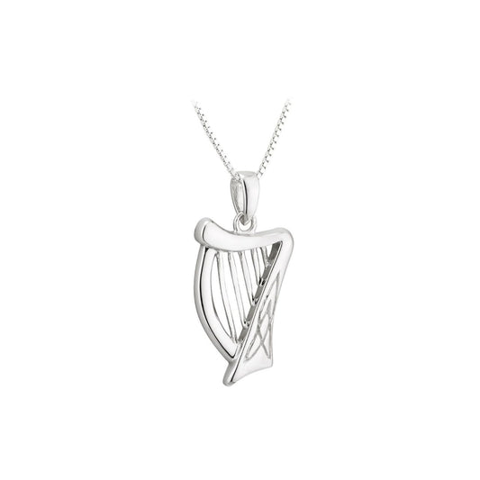 Irish harp necklace is a stunning sterling silver design that features an engraved Trinity with interlaced knot-work along with filigree strings.