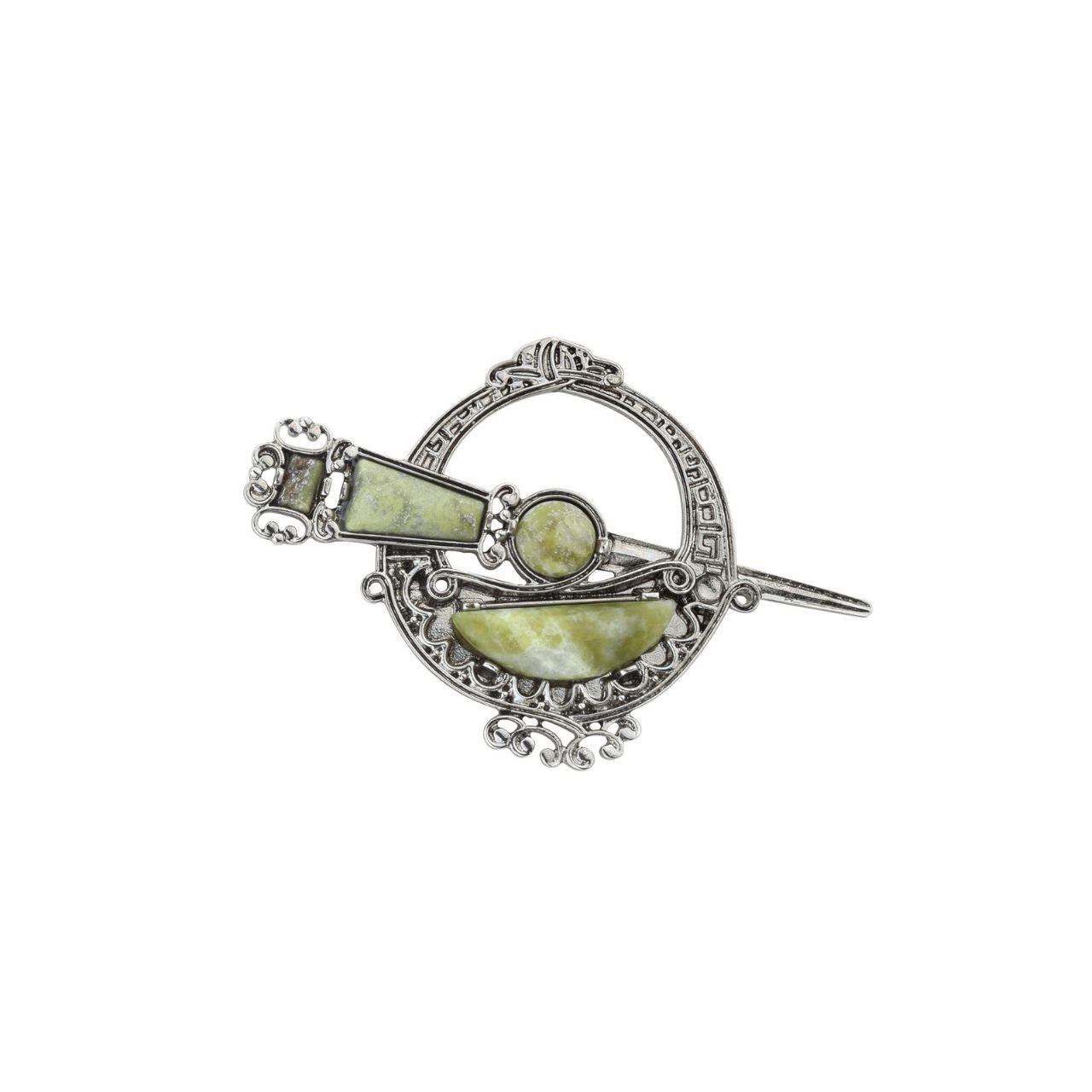 This beautiful rhodium plated brooch is made from Connemara marble, a unique stone featuring a range of green colour tones and known as “Ireland’s gemstone”. As no pieces of marble are ever the same, each piece of our jewellery created using this stone are completely unique. The Tara brooch is named after the hill of Tara and dates back to 700AD and the era of Bronze age craftsmanship.