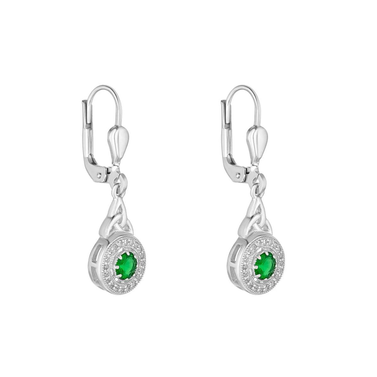 Crafted in sterling silver, these earrings contain a Trinity Knot drop which fall to an eye catching green cubic zirconia stone surrounded by a cluster of cubic zirconia. These sparkly Celtic drop earrings tells the tale of enduring love and have been designed to brighten up any look.