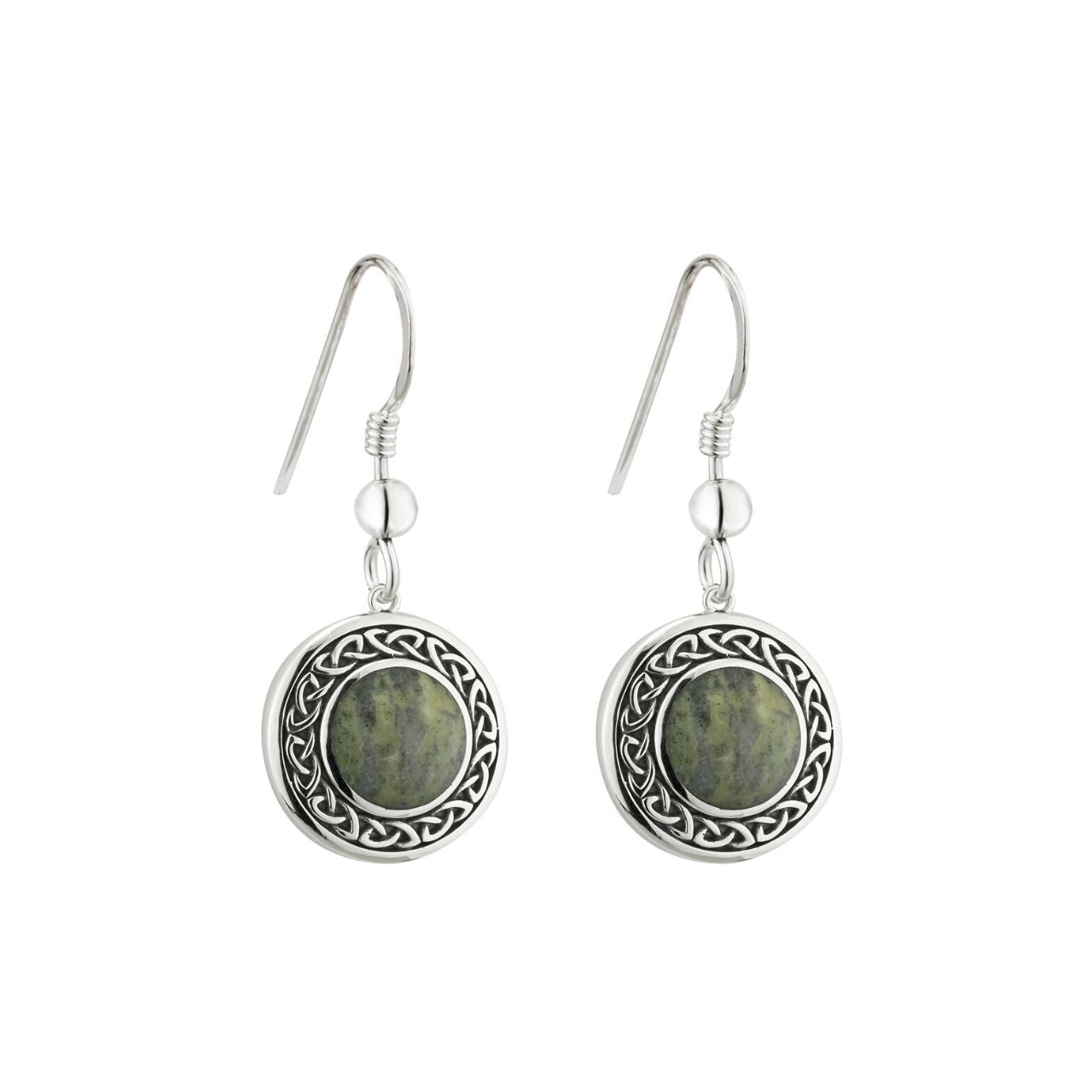 Silver Connemara Marble Round Celtic Drop Earrings These sterling silver drop earrings are made from Connemara marble, a unique stone that dates back over 900 million years and is known as “Ireland’s gemstone”. All of our Connemara marble is truly authentic, coming from the Joyce family mine in Connemara, County Galway, and each piece of jewellery is unique.