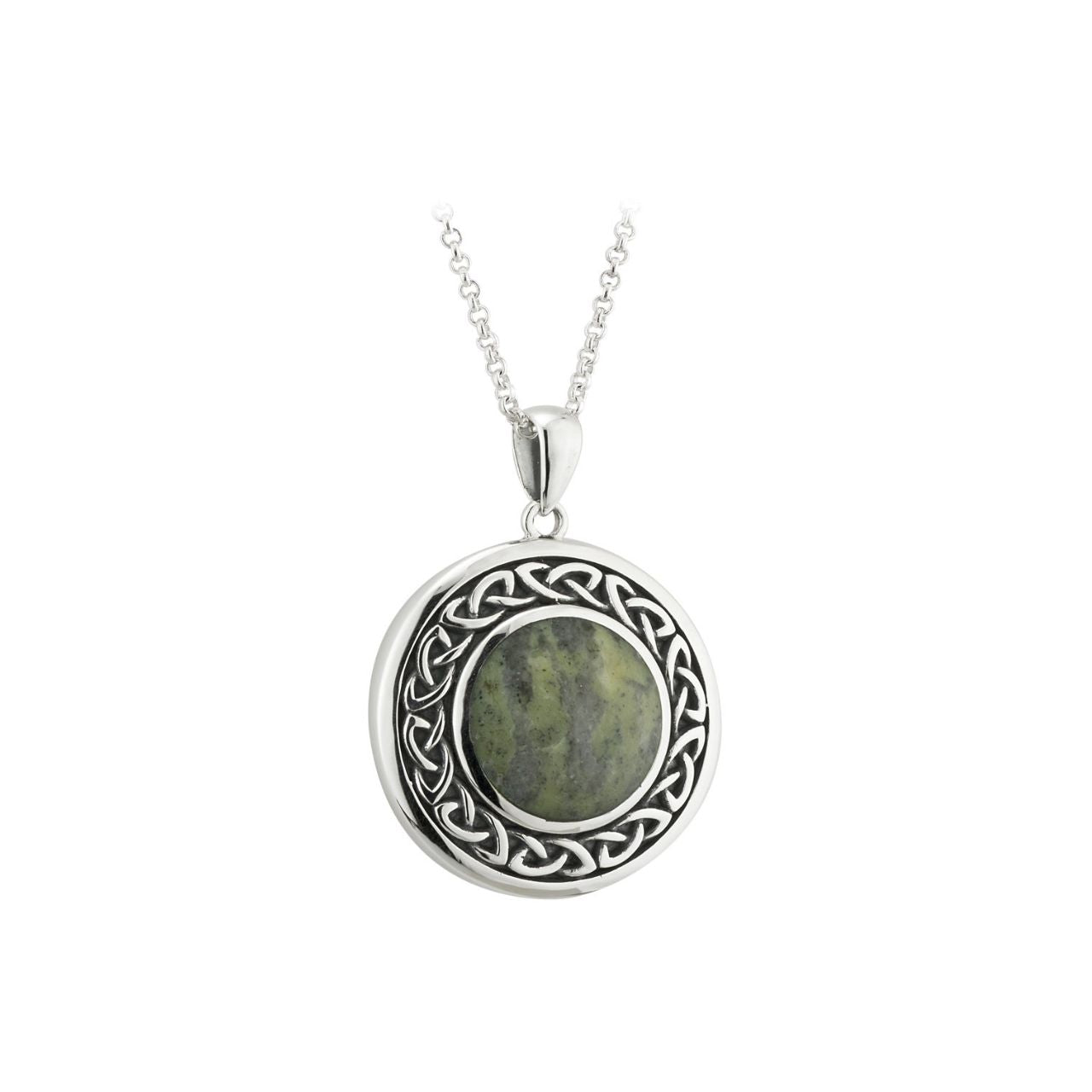 Sterling Silver Connemara Marble Round Celtic Pendant  This beautiful round pendant is made from Connemara marble, a unique stone that dates back over 900 million years and is known as “Ireland’s gemstone”.