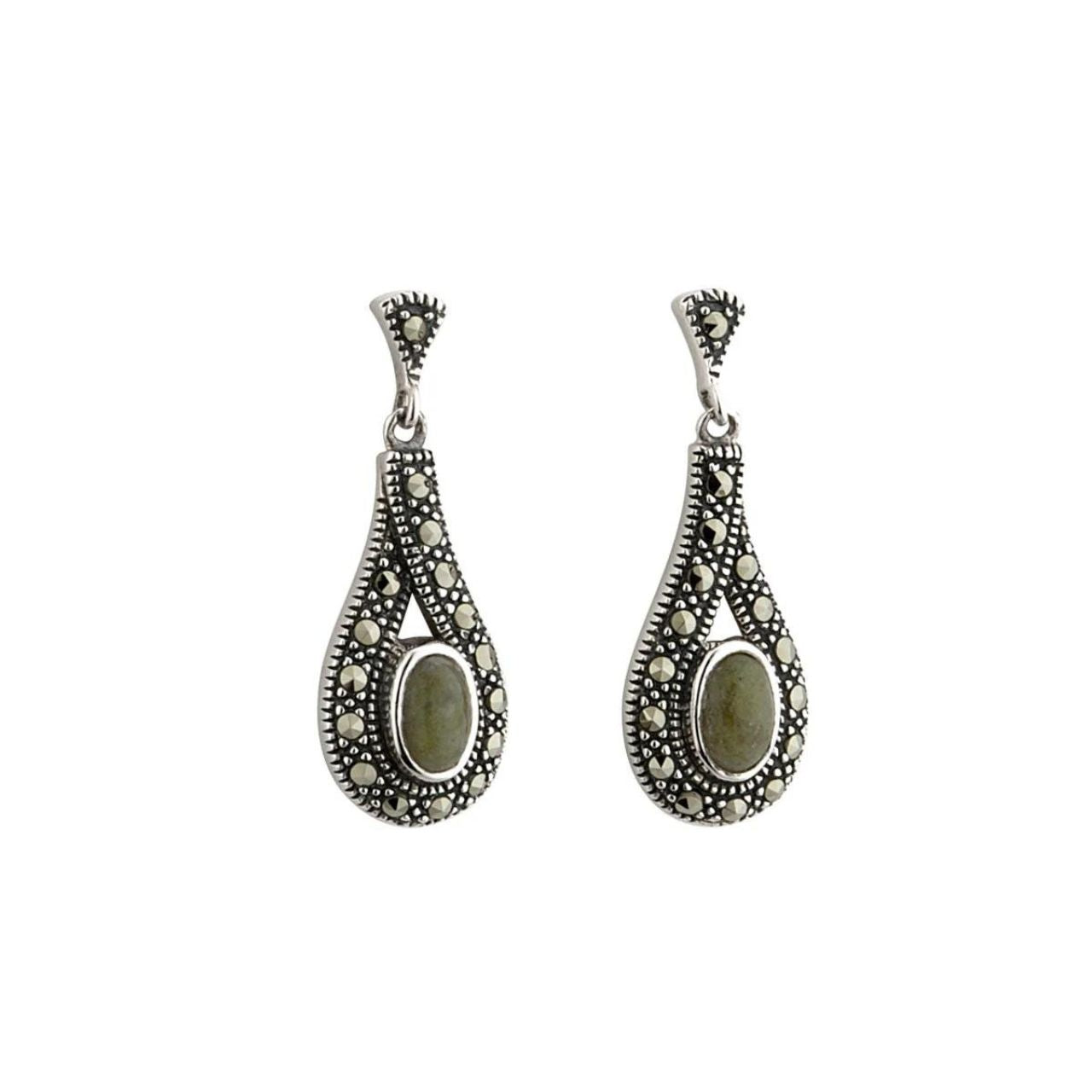 These beautiful earrings have been crafted in sterling silver with Connemara marble and embellished with marcasite for an added sparkle.&nbsp;Connemara Marble is referred to as "Ireland's Gem Stone". It is a very unique and rare form of Marble found in valley of the 12 Bens in Connemara, the heart of the West of Ireland.