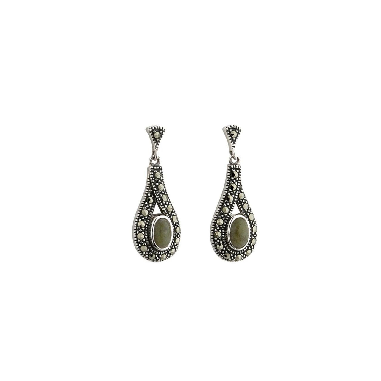 These beautiful earrings have been crafted in sterling silver with Connemara marble and embellished with marcasite for an added sparkle.&nbsp;Connemara Marble is referred to as "Ireland's Gem Stone". It is a very unique and rare form of Marble found in valley of the 12 Bens in Connemara, the heart of the West of Ireland.