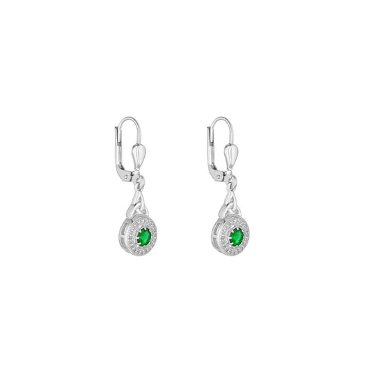 Crafted in sterling silver, these earrings contain a Trinity Knot drop which fall to an eye catching green cubic zirconia stone surrounded by a cluster of cubic zirconia. These sparkly Celtic drop earrings tells the tale of enduring love and have been designed to brighten up any look.