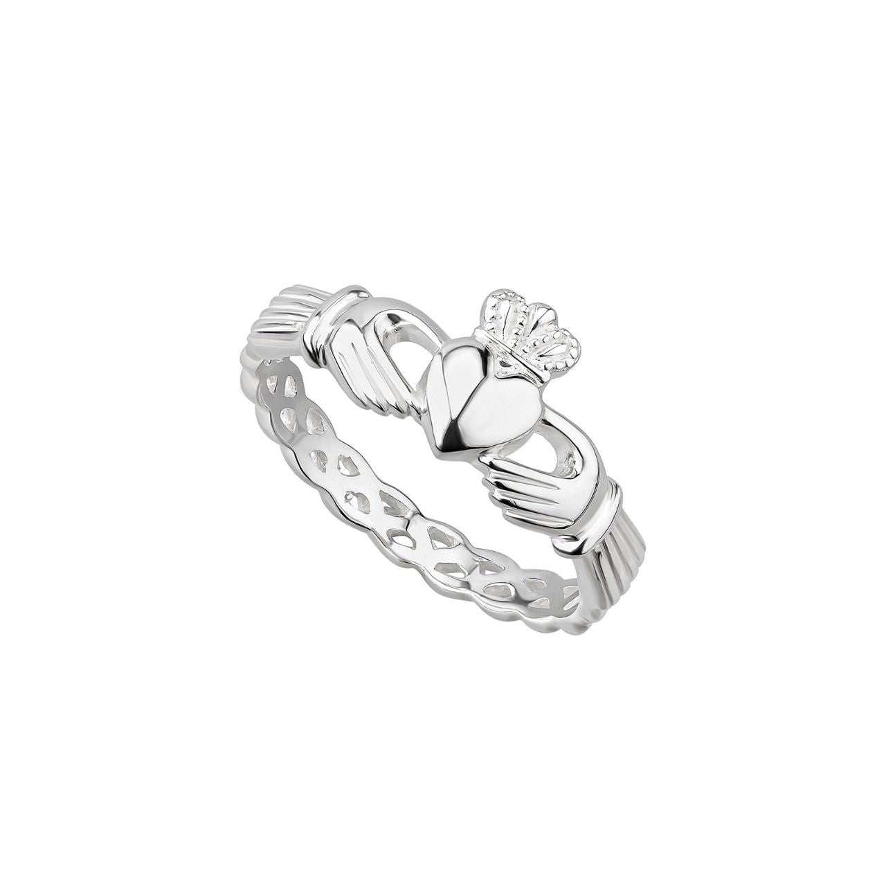 This elegant sterling silver ladies’ ring features the iconic Claddagh symbol evoking love, loyalty and friendship. The Claddagh represents love and devotion, and evokes the words of the Irish sailor who first crafted it for his sweetheart: “With these hands I give you my heart, and I crown it with my love”. This unique sterling silver ring features a weave band, and has been Irish hallmarked in Dublin Castle.