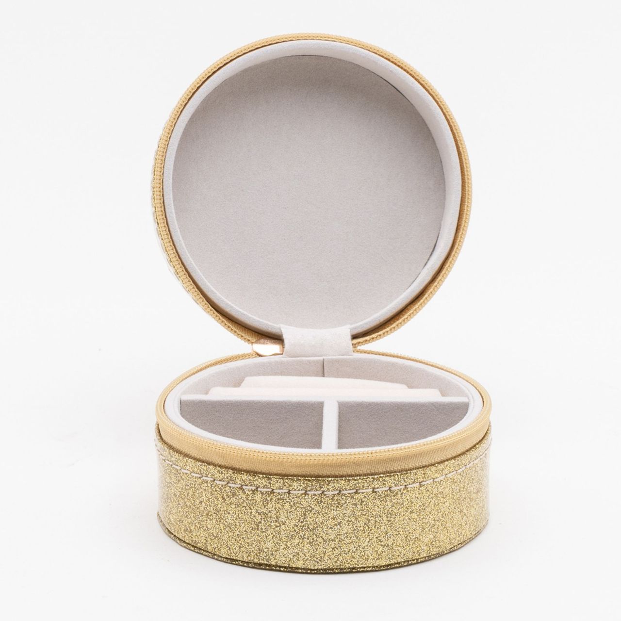 Round Leatherette Gold Glitter Jewellery Box  Store your sparkles & treasures inside one of these beautiful faux leather glittery gold jewellery boxes. From the SOPHIA Classic Collection - the home of style and sophistication in women's giftware.