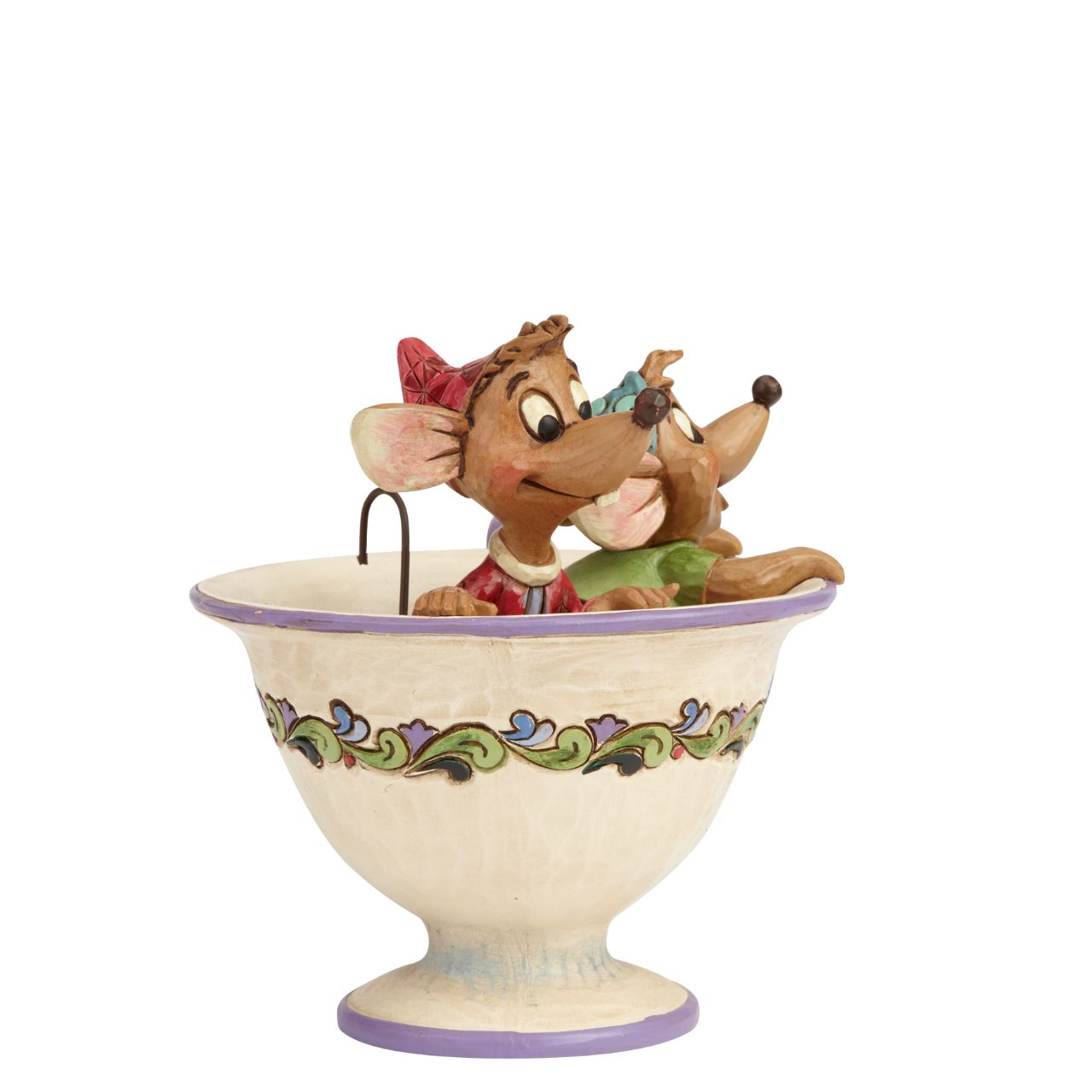 Disney Cinderella Tea For Two - Jaq & Gus Figurine by Jim Shore  Jac and Gus perch themselves inside Lady Tremaine's tea cup as they scheme to get the key and rescue Cinderella. Mice have wire tails. Designed by award-winning sculptor Jim Shore for Disney Traditions.