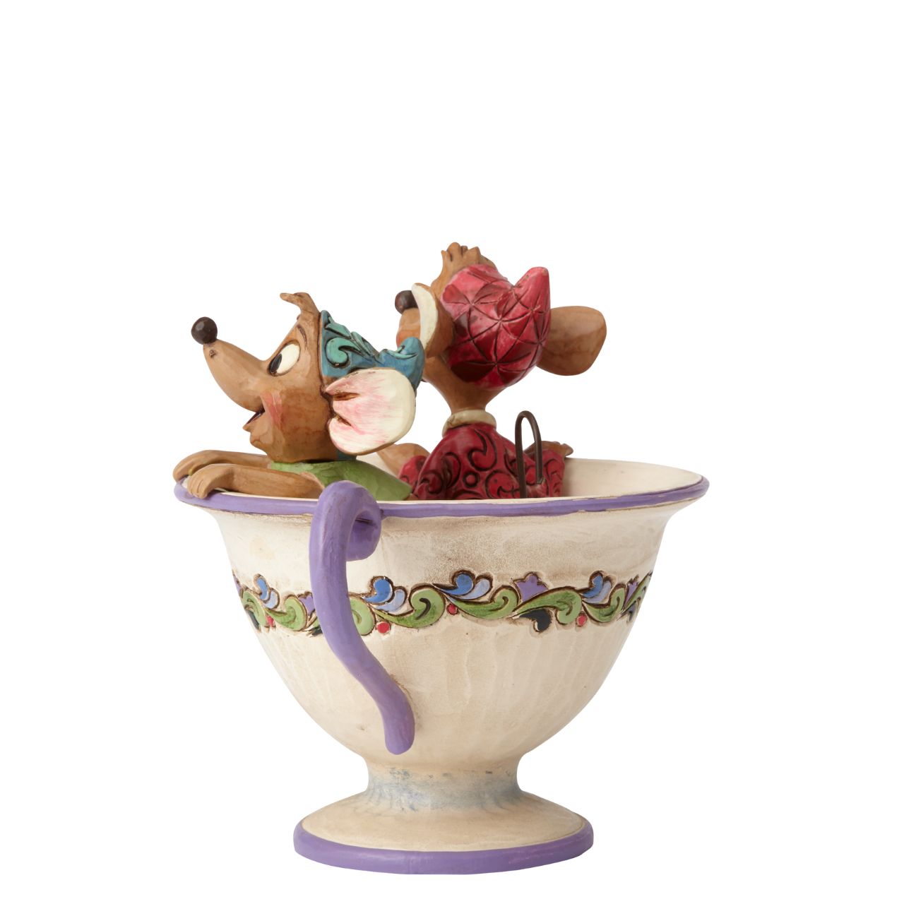 Disney Cinderella Tea For Two - Jaq & Gus Figurine by Jim Shore  Jac and Gus perch themselves inside Lady Tremaine's tea cup as they scheme to get the key and rescue Cinderella. Mice have wire tails. Designed by award-winning sculptor Jim Shore for Disney Traditions.