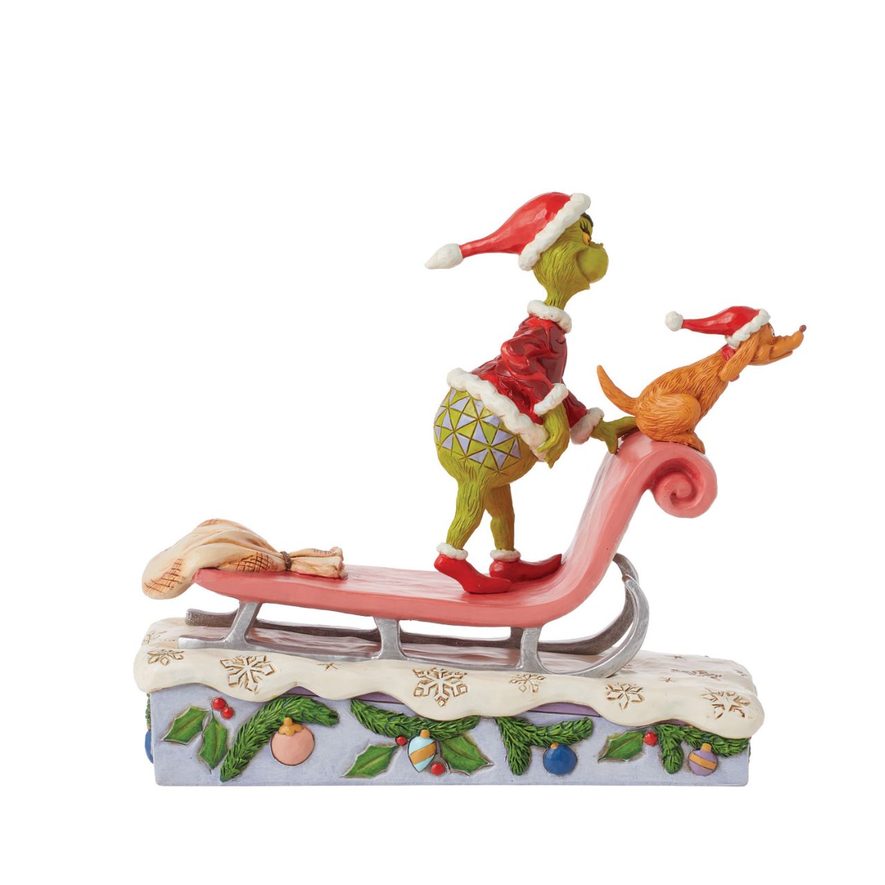 Designed by award-winning artist, Jim Shore, hand carved and hand painted, the iconic Grinch is ready to enjoy the Christmas holidays with this festive piece. Comes in a fully branded gift box.