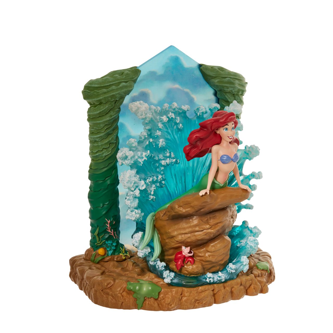 The Little Mermaid light up figurine. The figurine is made from cast stone. Each piece is hand painted and slight colour variations are to be expected which makes each piece unique. Supplied in branded gift box. 