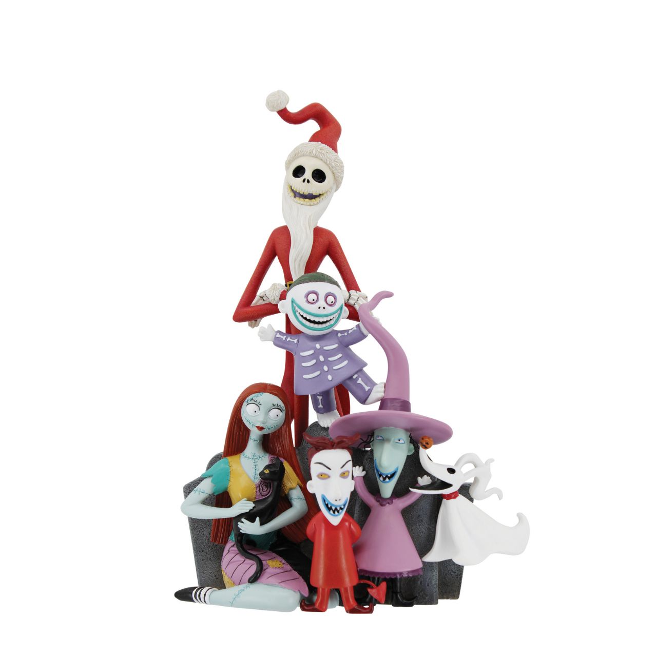 The Nightmare Before Christmas Character Pyramid figurine by Disney Showcase is a joyous display piece that captures the mischievous characters from Tim Burton's Disney classic in all their creepy glory. Jack Skellington is dressed in his iconic Sandy Claws outfit and surrounded by the other residents of Halloween Town, including his spooky love interest Sally and their ghostly dog Zero.