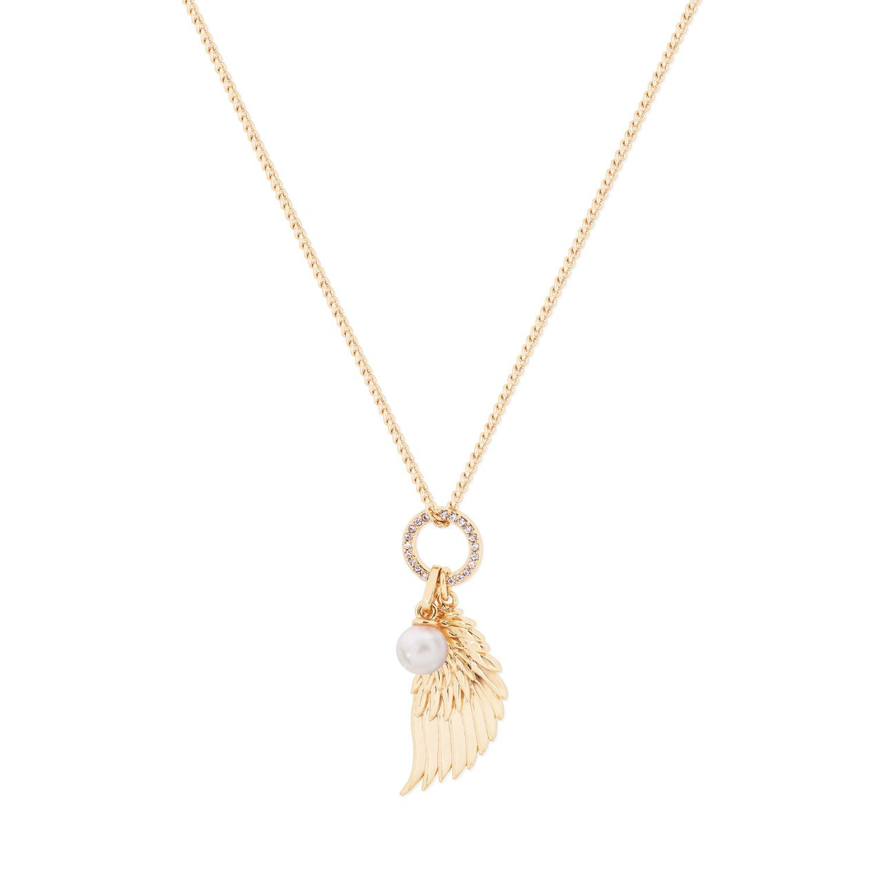 This exquisite Tipperary Angel Wing Crystal &amp; Pearl Pendant Gold is an elegant addition to any wardrobe. Crafted with precision, the gold pendant showcases intricate angel wings and a dazzling pearl. Perfect for any occasion, this pendant adds a touch of sophistication and timeless charm to any outfit.