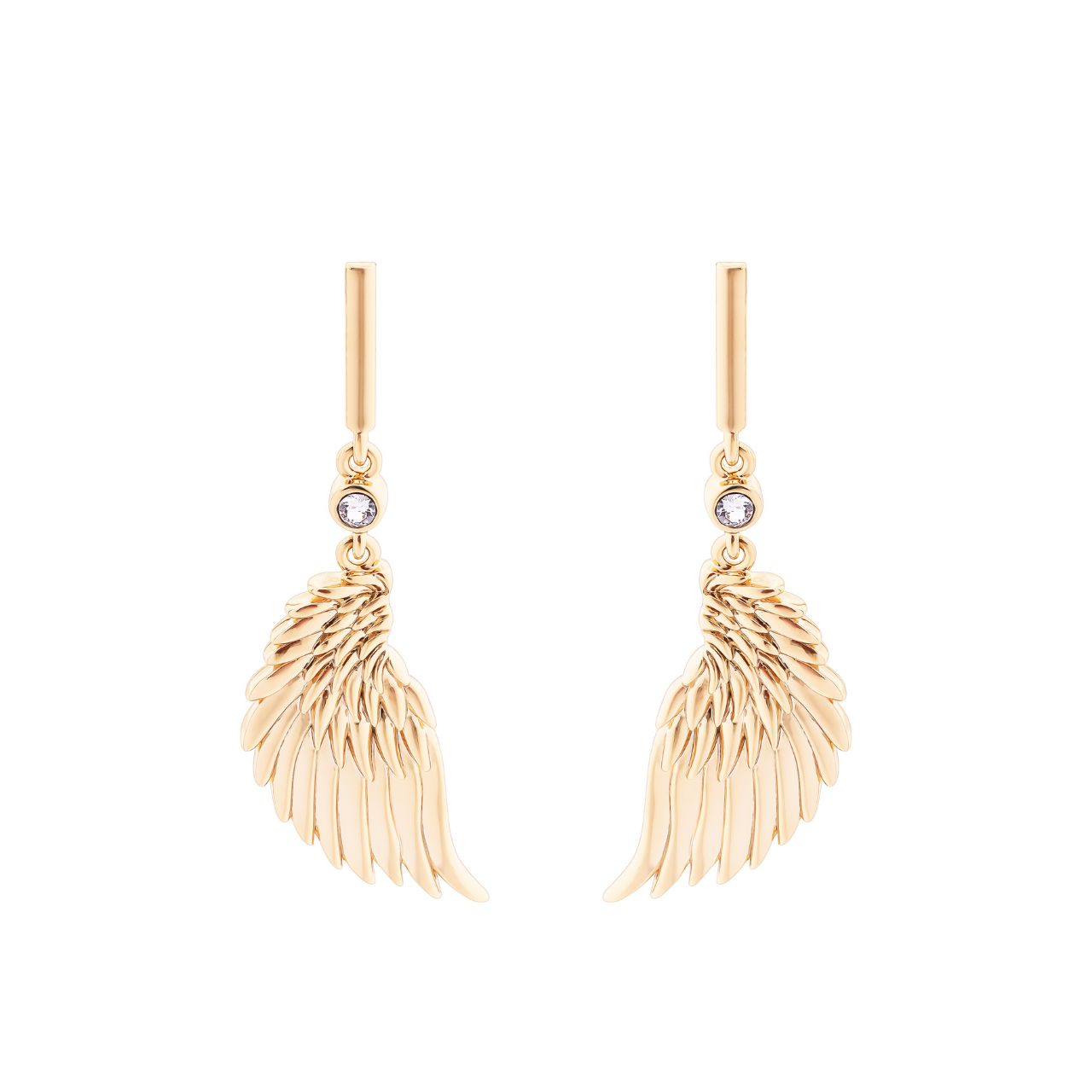 Add a touch of elegance to any outfit with the Tipperary Angel Wing Mini Gold Earring Bar &amp; Crystal. These stunning earrings feature delicate angel wing design in gold, accented with sparkling crystals. Perfect for any occasion, these earrings are a must-have for any fashion-forward individual.