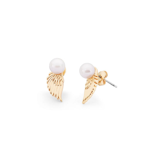 Introducing the elegant Tipperary Angel Wing Pearl Earrings in Gold. Crafted with angelic wings with pearls. Elevate any look with these stunning accessories, perfect for adding a touch of glamour to any occasion. Exquisite design, these earrings are a must-have for any jewellery collection.