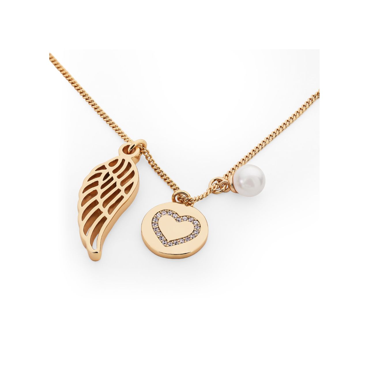 Upgrade your jewelry collection with the Tipperary Angel Wing Pearl &amp; Heart Disc Pendant Gold. Made by Tipperary, this pendant features an elegant angel wing design with a lustrous pearl and heart-shaped disc. Expertly crafted in gold, this pendant will elevate any outfit and make a meaningful gift.