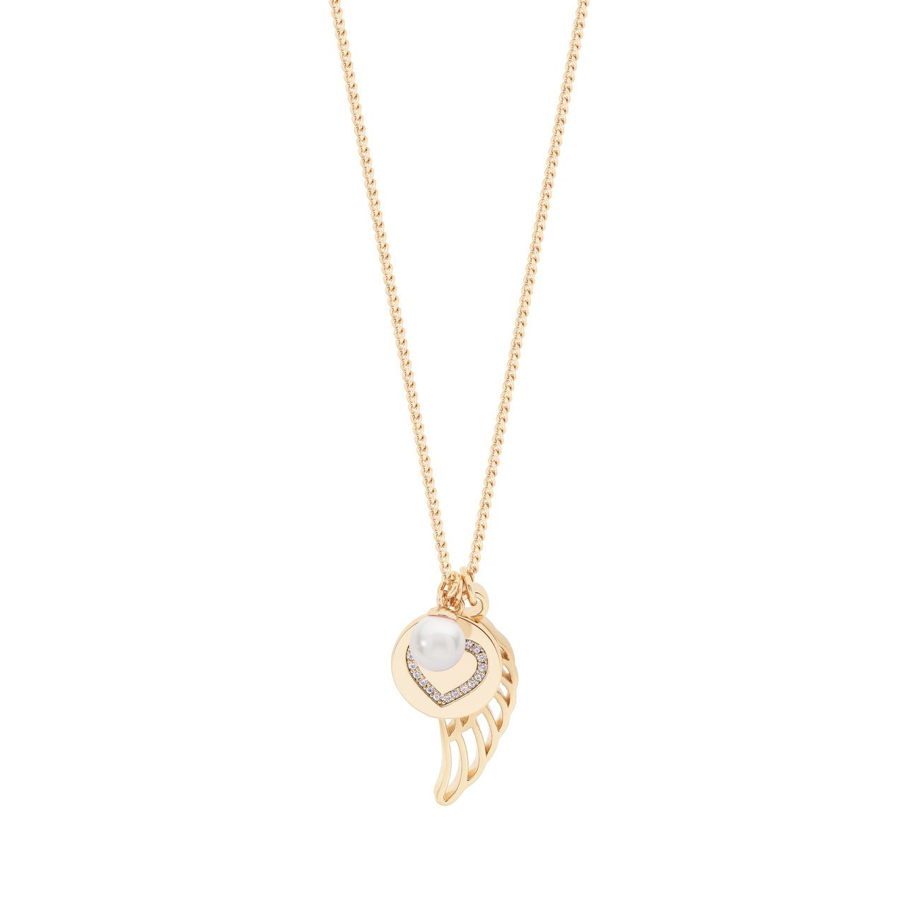 Upgrade your jewelry collection with the Tipperary Angel Wing Pearl &amp; Heart Disc Pendant Gold. Made by Tipperary, this pendant features an elegant angel wing design with a lustrous pearl and heart-shaped disc. Expertly crafted in gold, this pendant will elevate any outfit and make a meaningful gift.