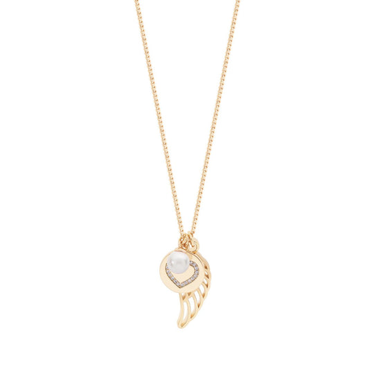 Upgrade your jewelry collection with the Tipperary Angel Wing Pearl &amp; Heart Disc Pendant Gold. Made by Tipperary, this pendant features an elegant angel wing design with a lustrous pearl and heart-shaped disc. Expertly crafted in gold, this pendant will elevate any outfit and make a meaningful gift.