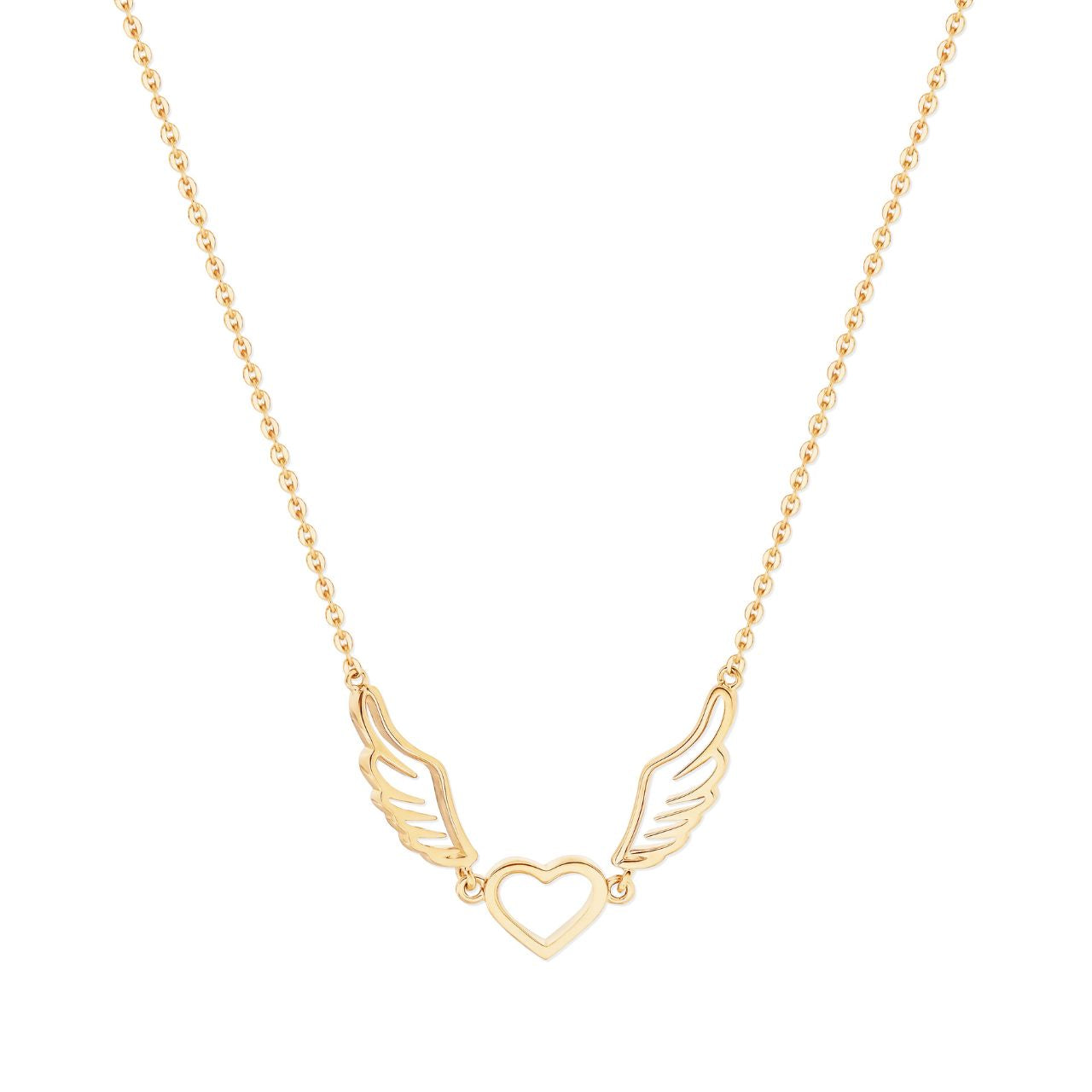 Expertly crafted by Tipperary, the Angel Wings Heart Pendant Gold is a stunning addition to any jewelry collection. The intricate design of angel wings surrounding a heart symbolizes love, protection, and grace. Made with high-quality materials, this pendant is sure to last for years to come. Perfect for gifting to a loved one or wearing as a daily reminder of love and positivity.