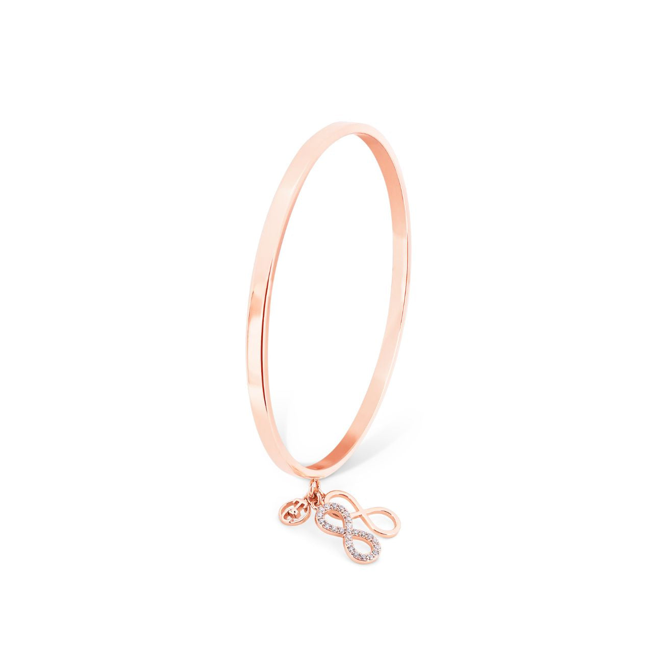 Infinity Bangle With Charms - Rose Gold by Tipperary  This bangle is a true show stopper, crafted from Rose Gold it has two dainty Infinity Motifs, one inset with Crystals and the other finished to a high polish. A TC Fob finishes off this fantastic piece.