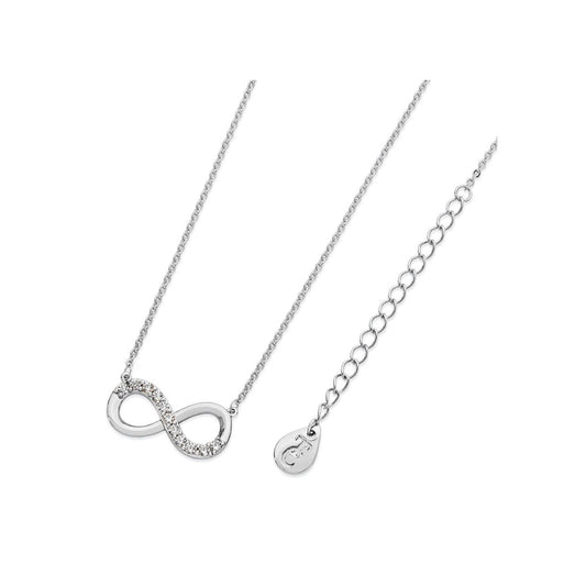 Sleek, sophisticated and eternally elegant, gift that special someone with this shimmering necklace and celebrate your eternal love. This design is on trend in cool silver and features a ﬂowing inﬁnity symbol adorned with a glittering splash of bright clear crystals.