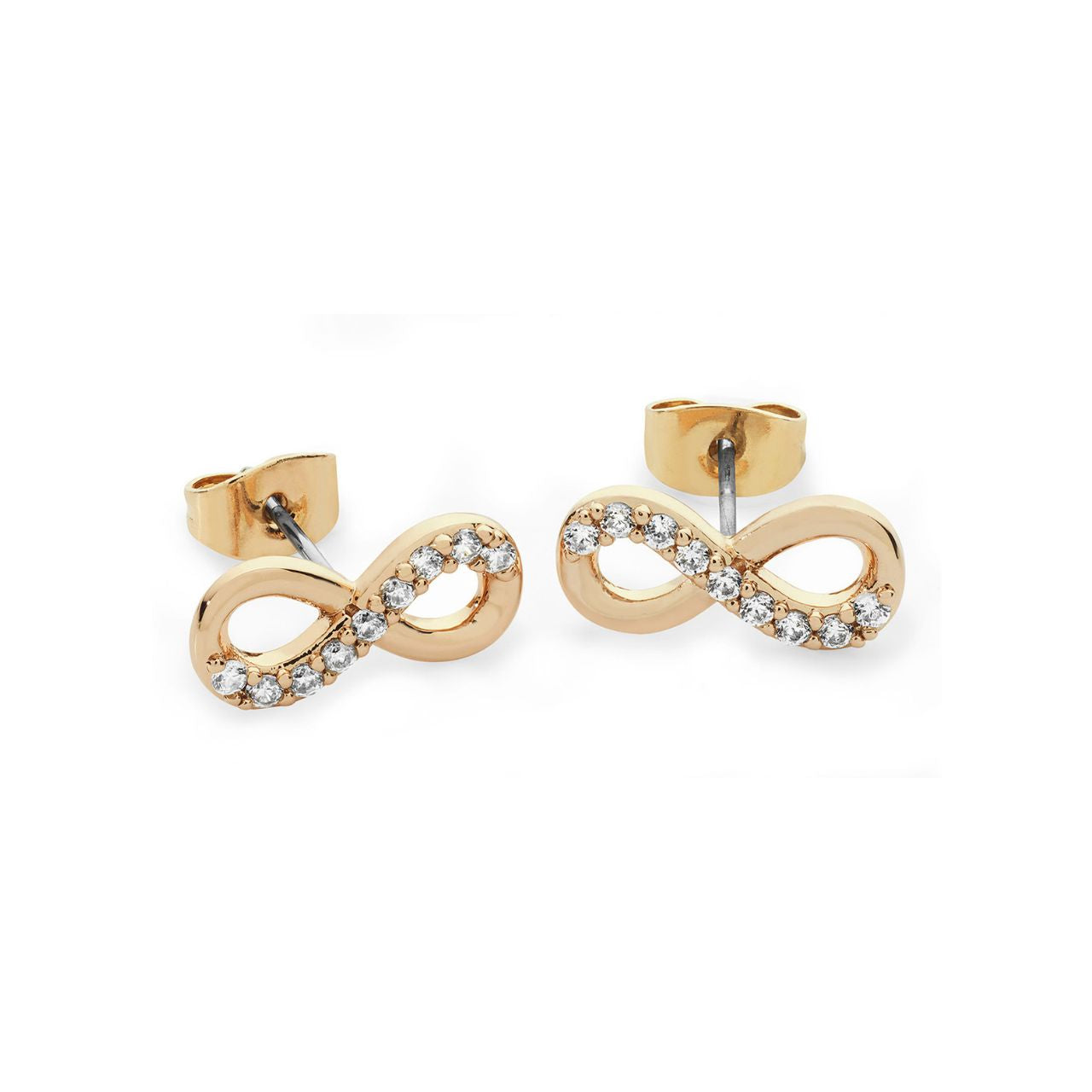 Featuring the timeless infinity symbol, these Tipperary earrings are adorned with delicate stones for a touch of elegance. These studs are perfect for any occasion. Embrace the timeless beauty of infinity with these stunning earrings.