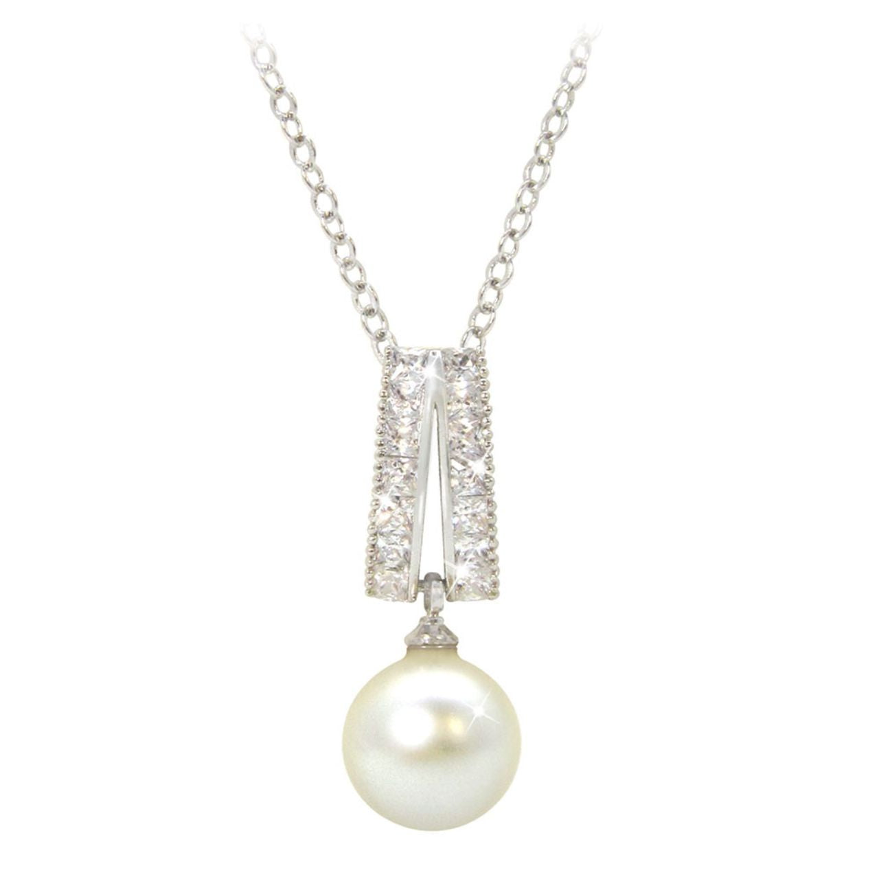 Add a touch of sophistication with this luxurious pearl pendant. Fashioned in classic silver, this elegant design features a luminous pearl drop topped with a crystal adorned bale. A stunning choice, this captivating style is buffed to a brilliant lustre. It suspends along a cable chain hanging from a crystal line split bale.