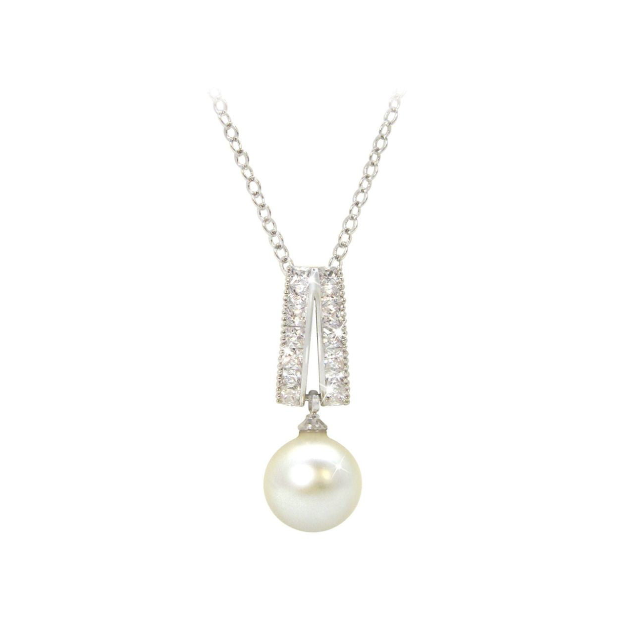 Add a touch of sophistication with this luxurious pearl pendant. Fashioned in classic silver, this elegant design features a luminous pearl drop topped with a crystal adorned bale. A stunning choice, this captivating style is buffed to a brilliant lustre. It suspends along a cable chain hanging from a crystal line split bale.