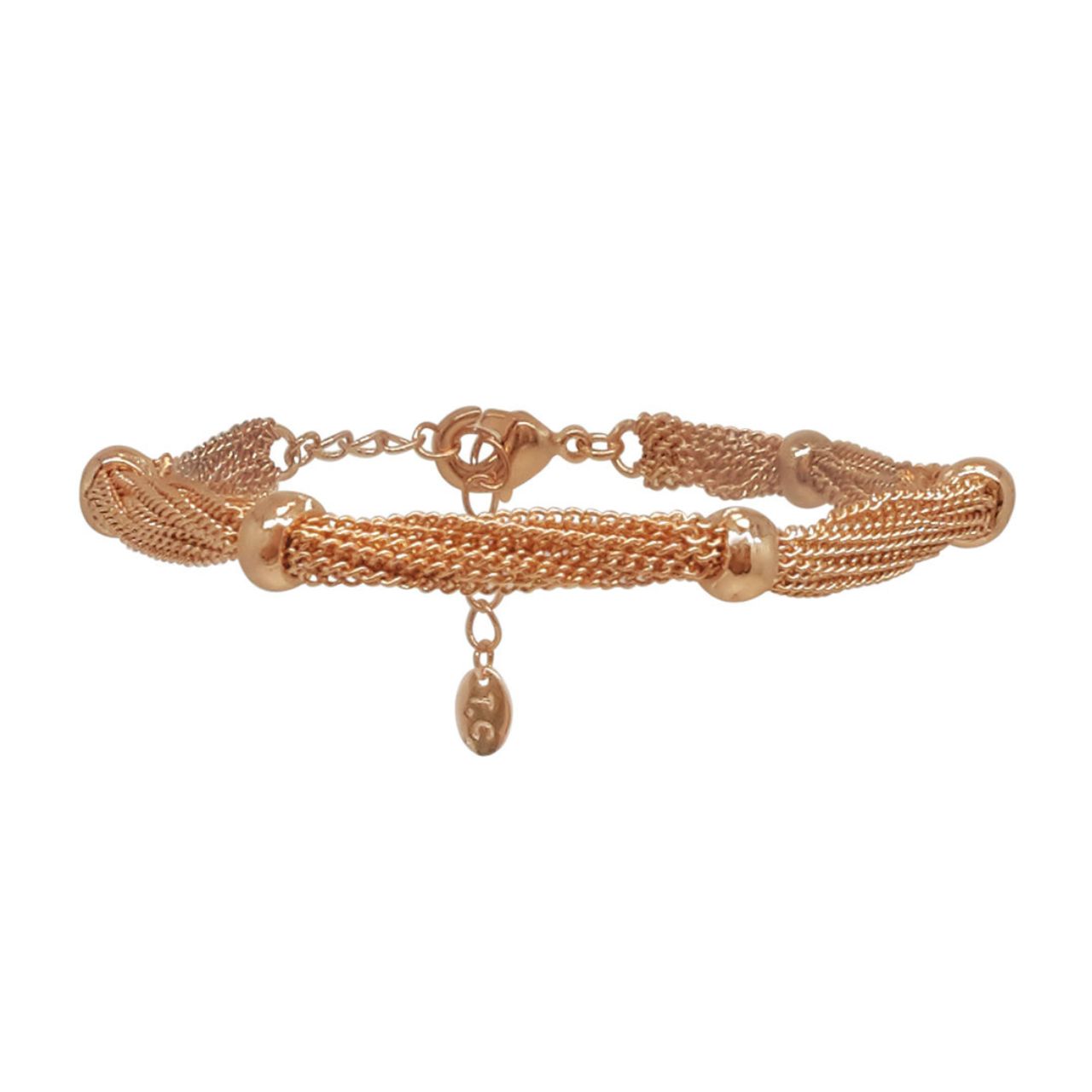 Rose Gold Chain Bracelet by Tipperary  Perfectly matched, this multi-strand rose gold bracelet will complement our chain necklace beautifully. Sleek round rose gold beads are set at regular intervals along the lengths of sinuous chains. The bracelet closes securely with a lobster claw clasp and has a practical extension chain with a TC branded fob.