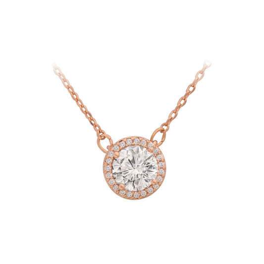 A timeless statement of elegance this pendant is fashioned in on-trend rose gold. Sparkling and eye-catching it features a large round clear crystal center stone. A halo of glittering clear crystal accents form a circular frame adding just the right amount of sparkle.