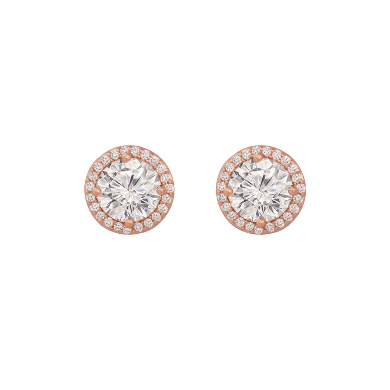 Perfect for day or evening wear, these elegant crystal post earrings will add sparkle with every turn of the head. Fashioned in romantic rose gold, each earring features a round cz stone, cut to sparkle and shimmer, wrapped in an embrace of tiny clear crystal accents. A radiant marriage of crystals and rose gold, brilliantly buffed these post earrings secure comfortably with push backs.