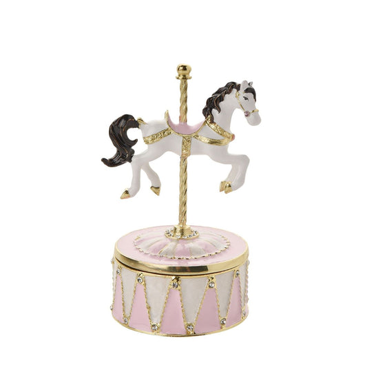 The predominantly white horse is adorned with a delightful pink saddle, while the base features a harmonious blend of pink and white hues.