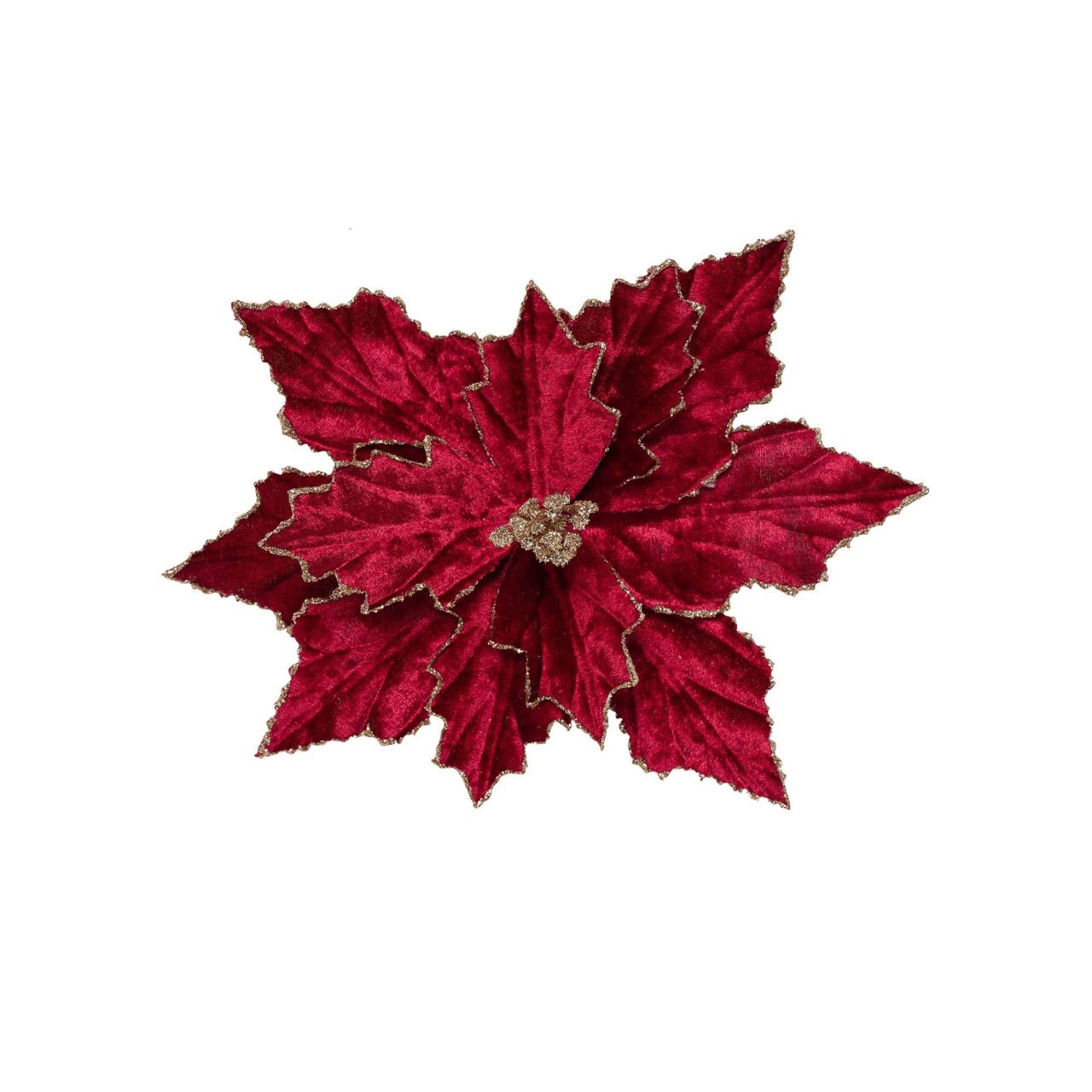 A Burgundy Velvet Poinsettia with Clip, bringing seasonal spirit to any room. Adorned in rich burgundy petals, this cheerful flower is a sight to behold. With golden embellishments at the centre, it makes a stunning statement piece.