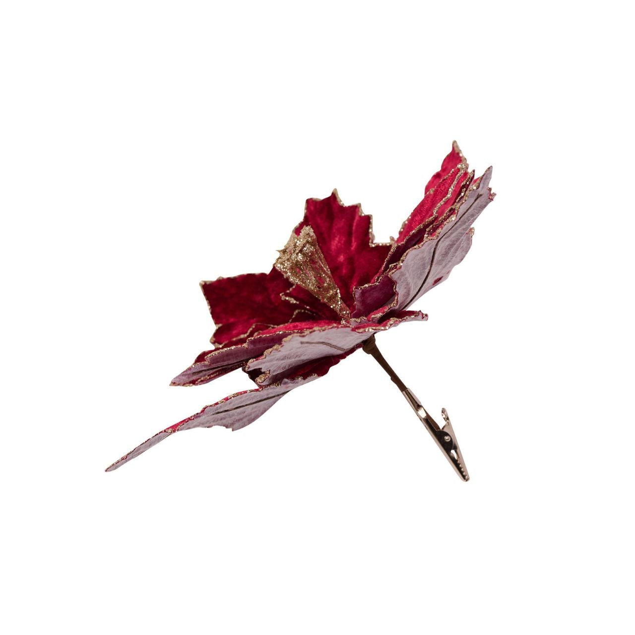 A Burgundy Velvet Poinsettia with Clip, bringing seasonal spirit to any room. Adorned in rich burgundy petals, this cheerful flower is a sight to behold. With golden embellishments at the centre, it makes a stunning statement piece.